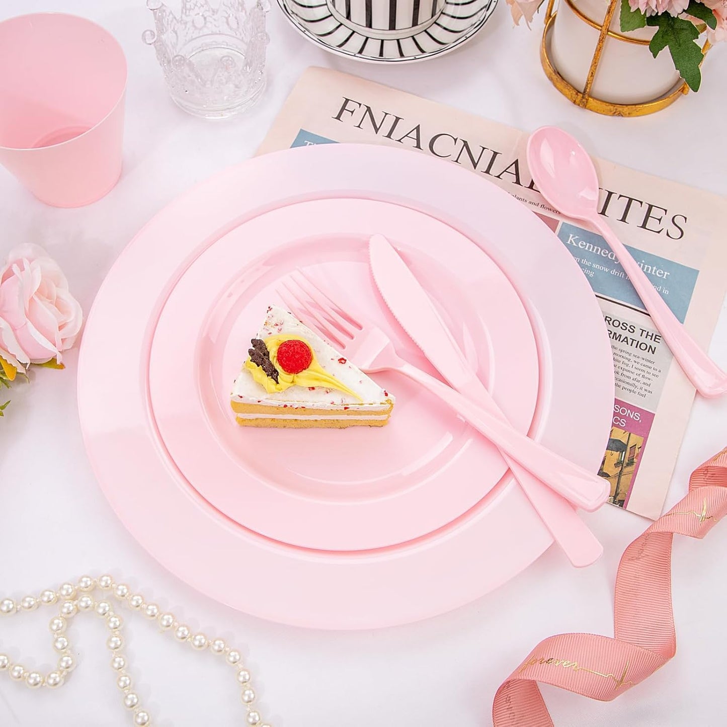 KIRE 150 Pieces Pink Plastic Plates Disposable - Pink Dinnerware Set Include 25 Dinner & 25 Salad Plates 25Forks 25Knives 25Spoons 25 Cups for Baby Shower/Bridal Shower