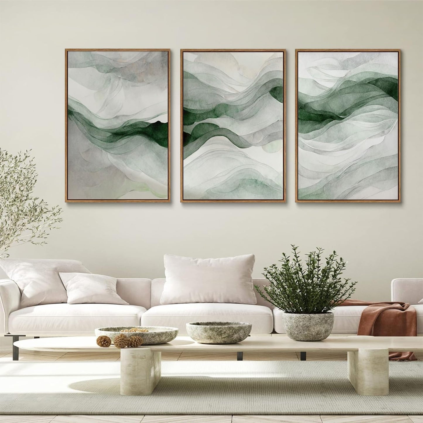 myusuar 3 Piece Large Abstract Framed Wall Art For Living Room, Smoke Texture Ink Teal Soft Green Canvas Wall Art Modern Minimalist Art Prints Wall Décor For Bedroom Office 16x24in