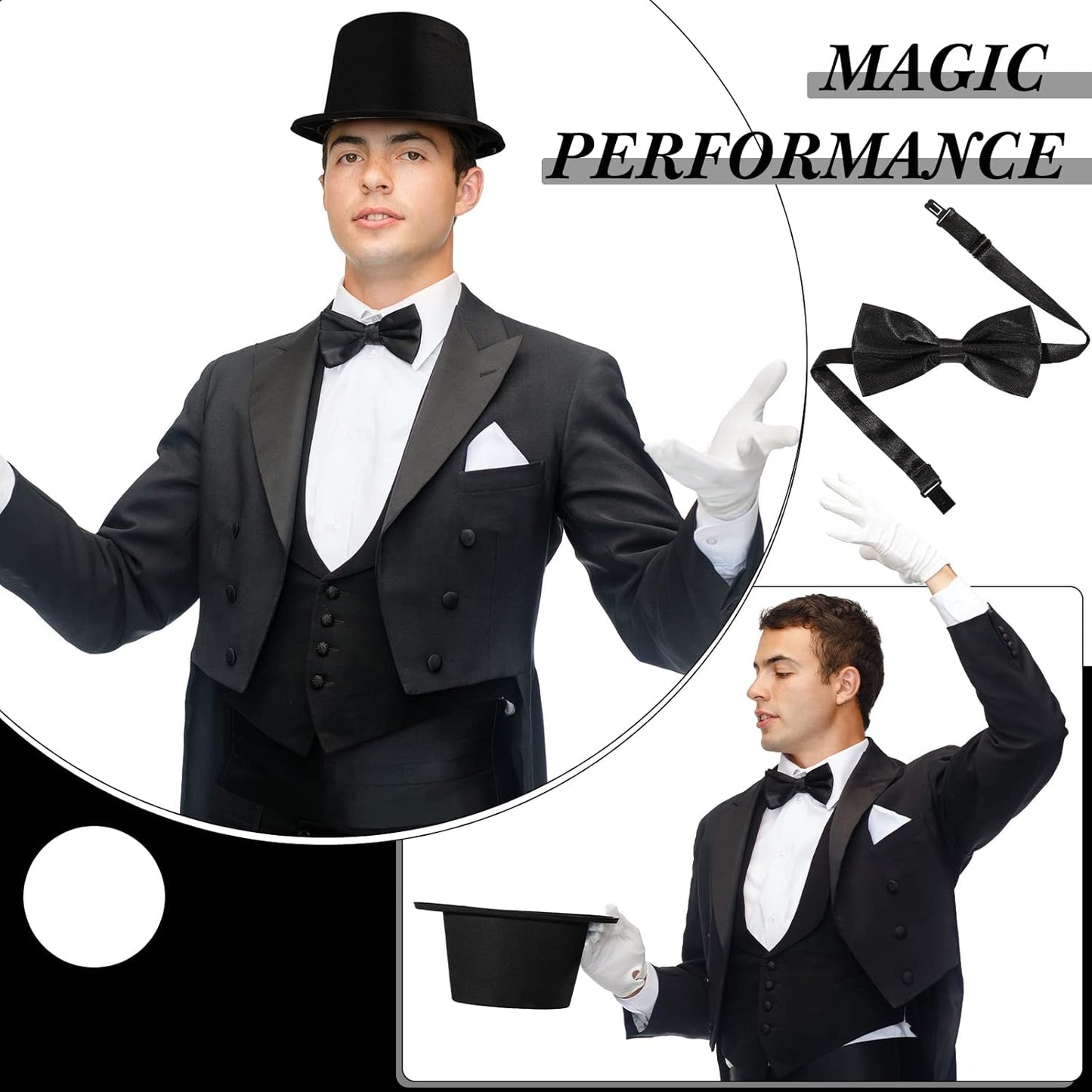 SATINIOR Magician Costume Headwear Set, Includes 12 Pieces Black Top Hat and 12 Bow Ties, Adjustable Length Bow Ties for Party, Costume Accessories for Halloween, Cosplay, Stage Performances, Black