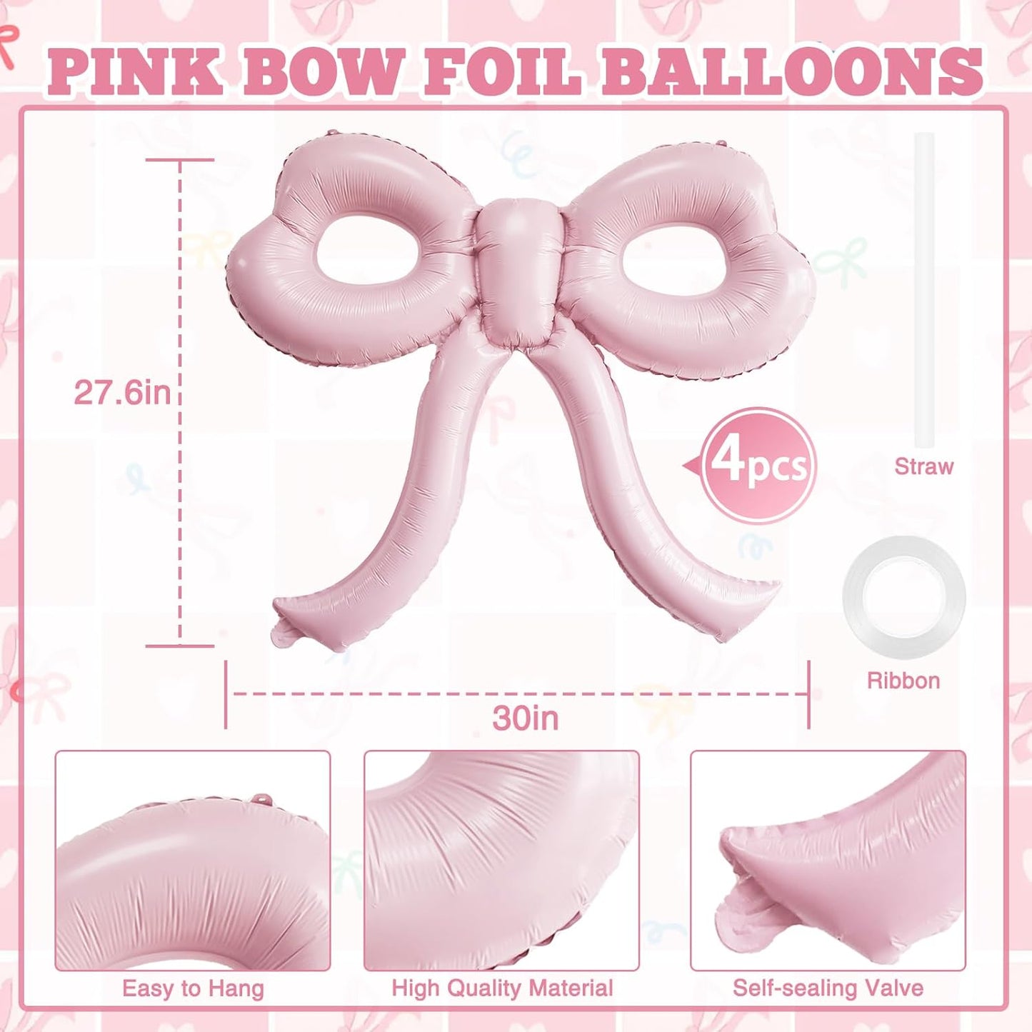4 Pcs Light Pink Bow Balloons Bow Party Decorations for Girl Women Bow Birthday Decorations Giant Pastel Pink Bow Balloon for Graduation Baby Shower Bridal Wedding Decor Bachelorette Party Supplies