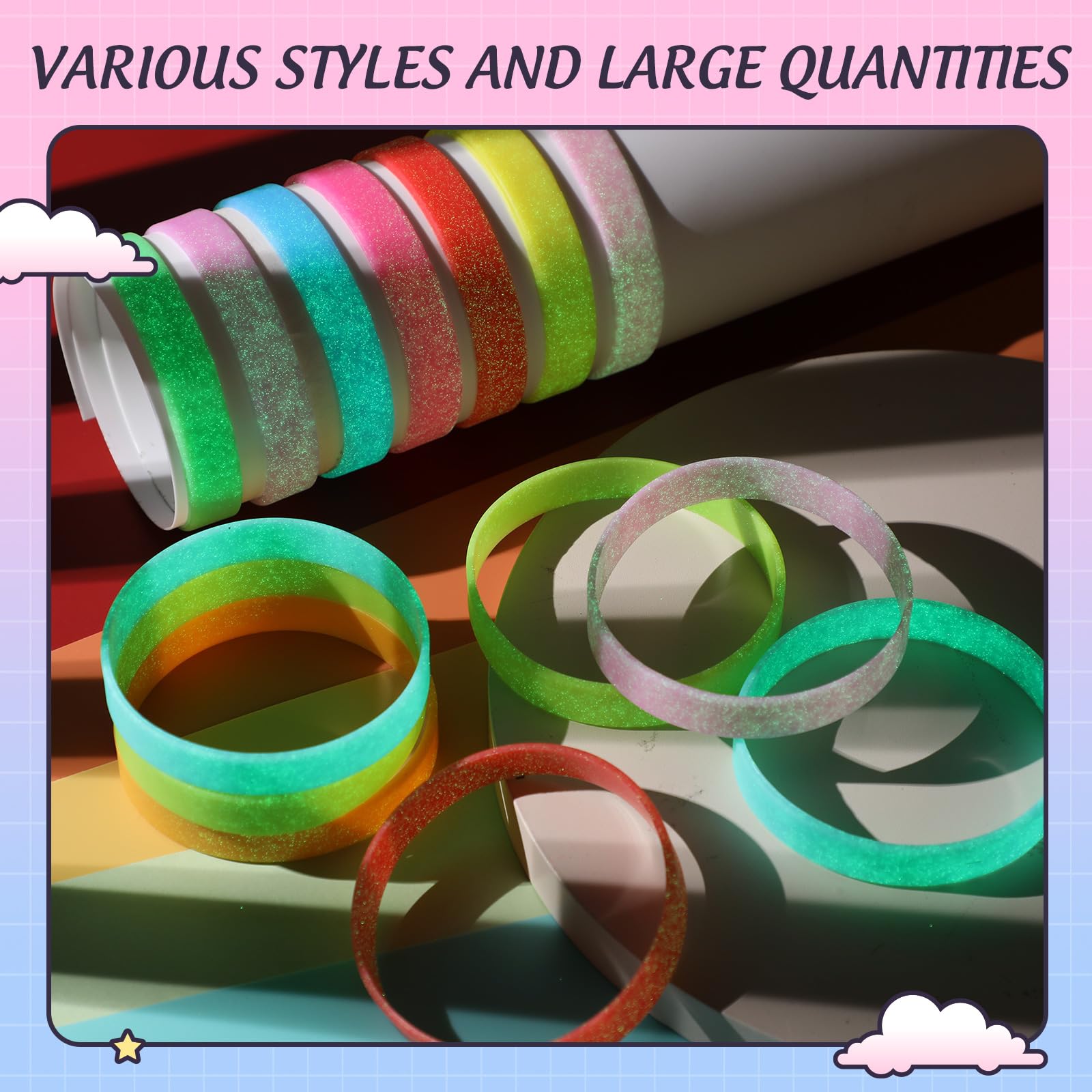 Shappy 50 Pcs Glow in the Dark Rubber Bracelets Neon Silicone Bracelets Bulk Luminous Colored