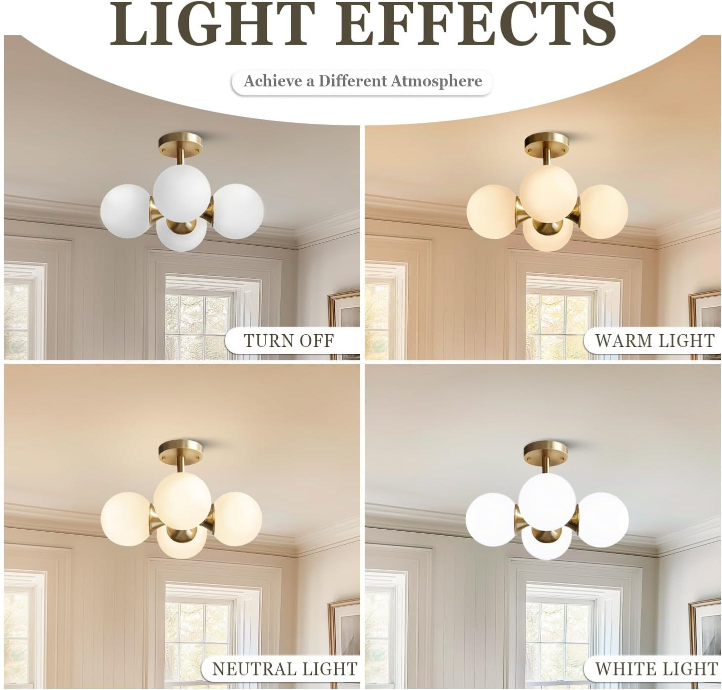 KCO Lighting Antique Brass 4-Light Ceiling Light Mid-Century Frosted Glass Globe Chandelier Modern Flush Mount Ceiling Light Fixtures for Bedroom Living Room