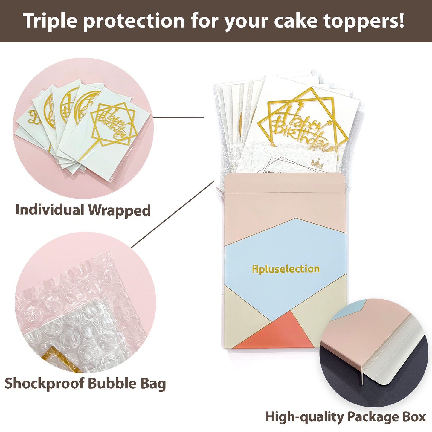 6-Pack Gold Cake Topper Set, Double-Sided Glitter, Acrylic Happy Birthday Cupcake Toppers, Birthday