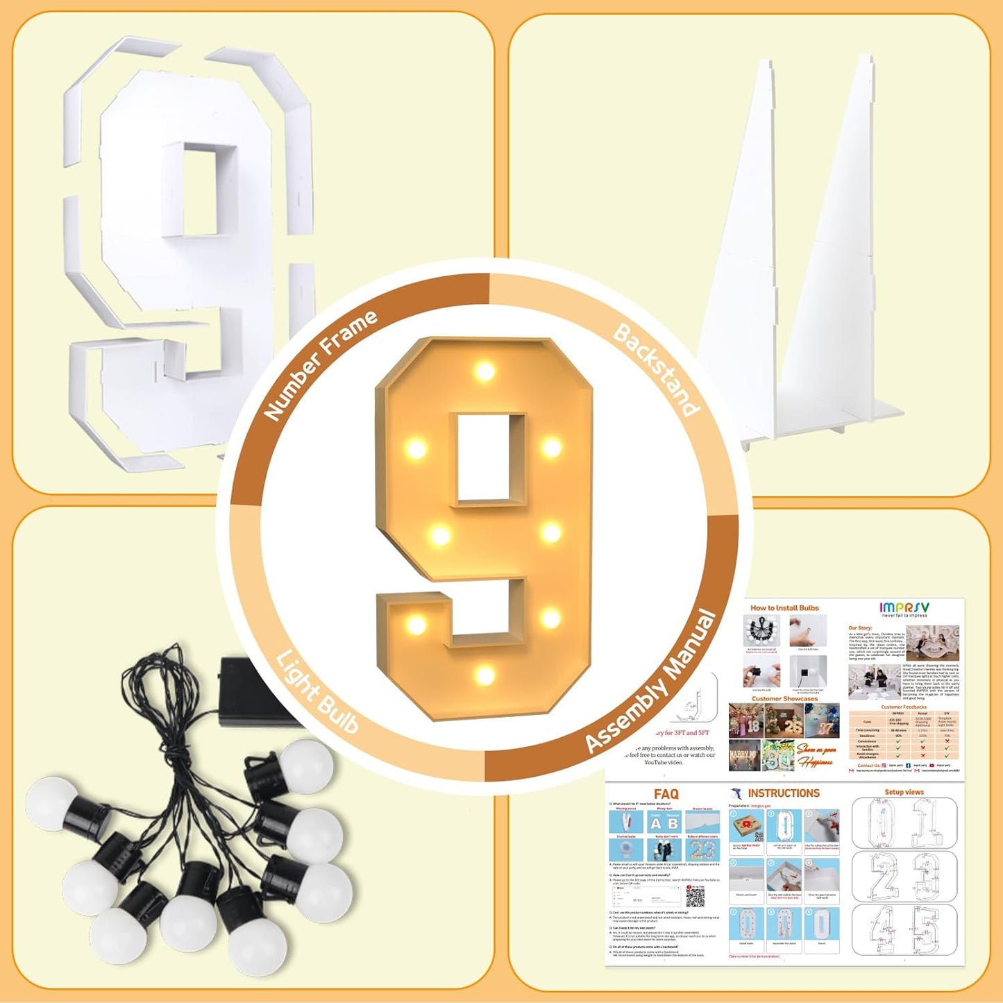 imprsv 3FT Marquee Numbers, Light Up Numbers for 9th 90th Birthday Decorations Anniversary Party Decor, Number 9 Light Up Number, Pre-Cut Foam Board Kit
