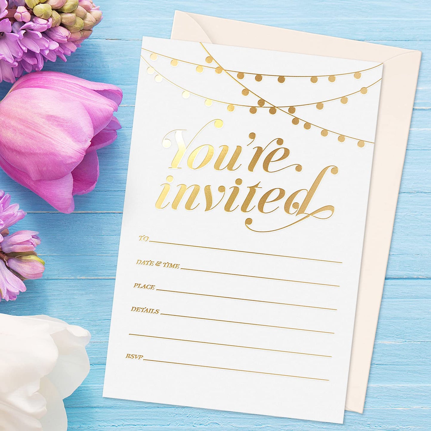 S&O Party Invitations! 25 Gold Foil Traditional Invitations with Envelopes, Wedding, Baby, & Bridal