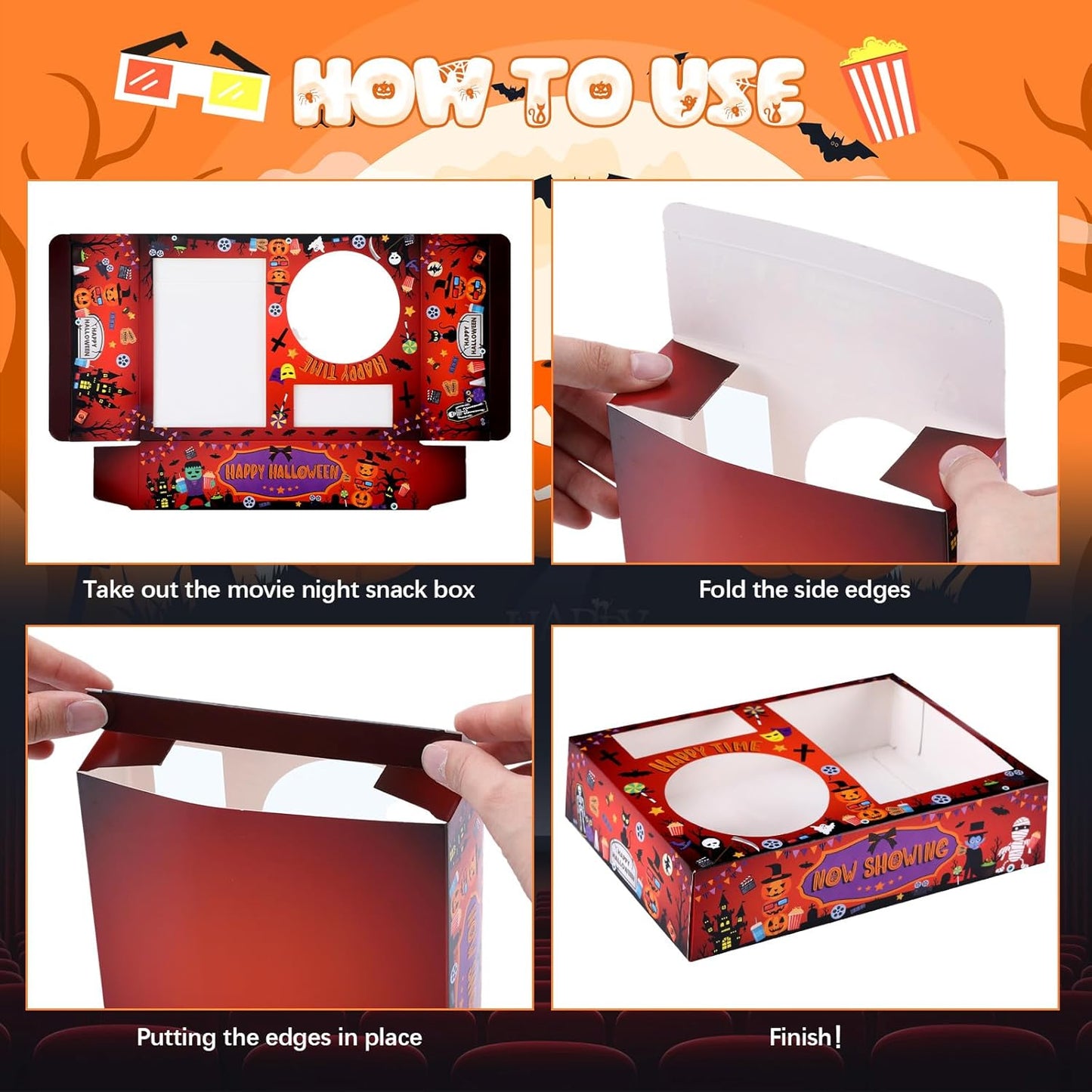 Faccito 36 Pcs Movie Night Snack Trays Movie Theater Snack Boxes Night Supply Disposable Paper Holder Tray for Popcorn Food Candy Drink Party 8 x 6 Inch (Red Black,Pumpkin Style)