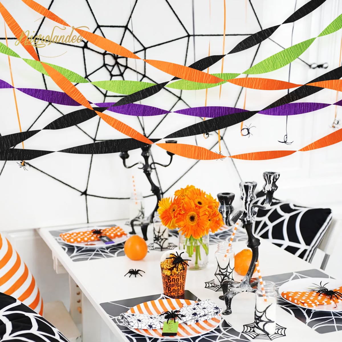 NICROLANDEE Halloween Crepe Paper Streamer Black & Orange 8 Rolls 82ft Long