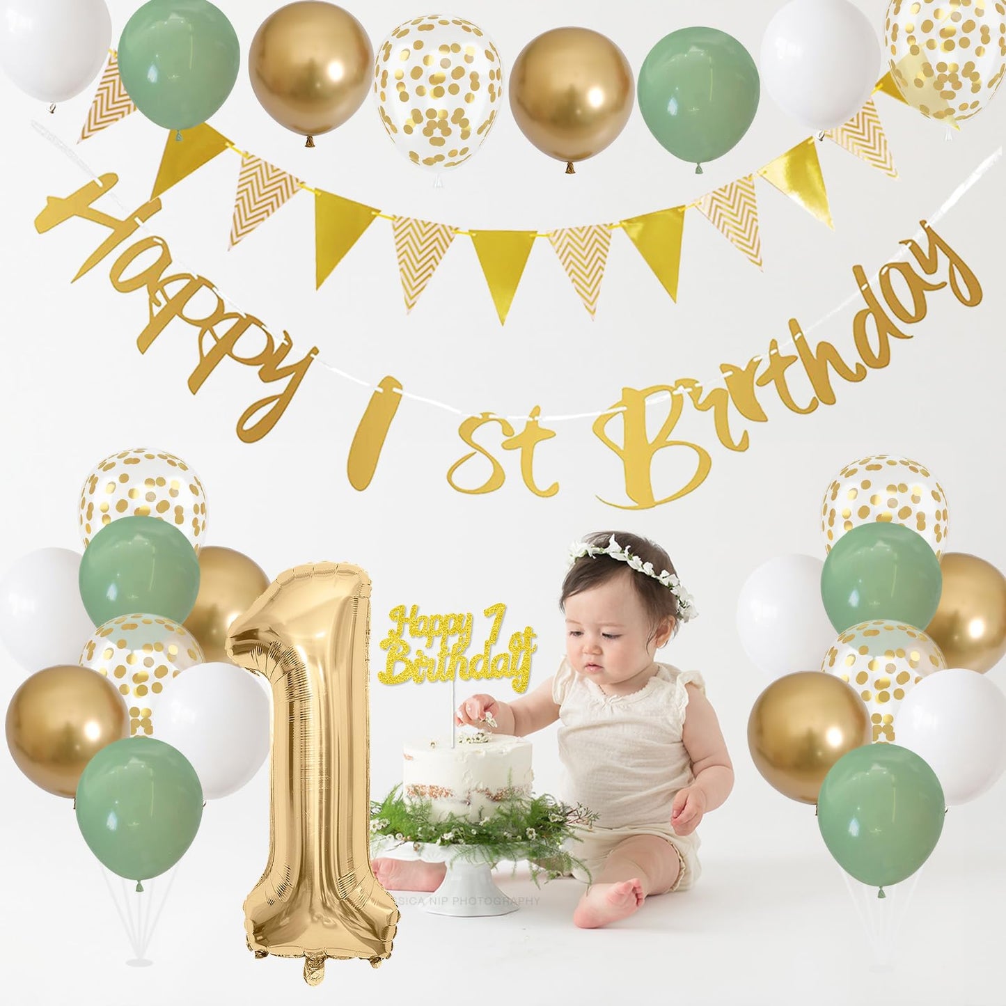 1st Birthday Decorations for Boys Girls, Sage Green White Gold Birthday Balloons with Happy 1st