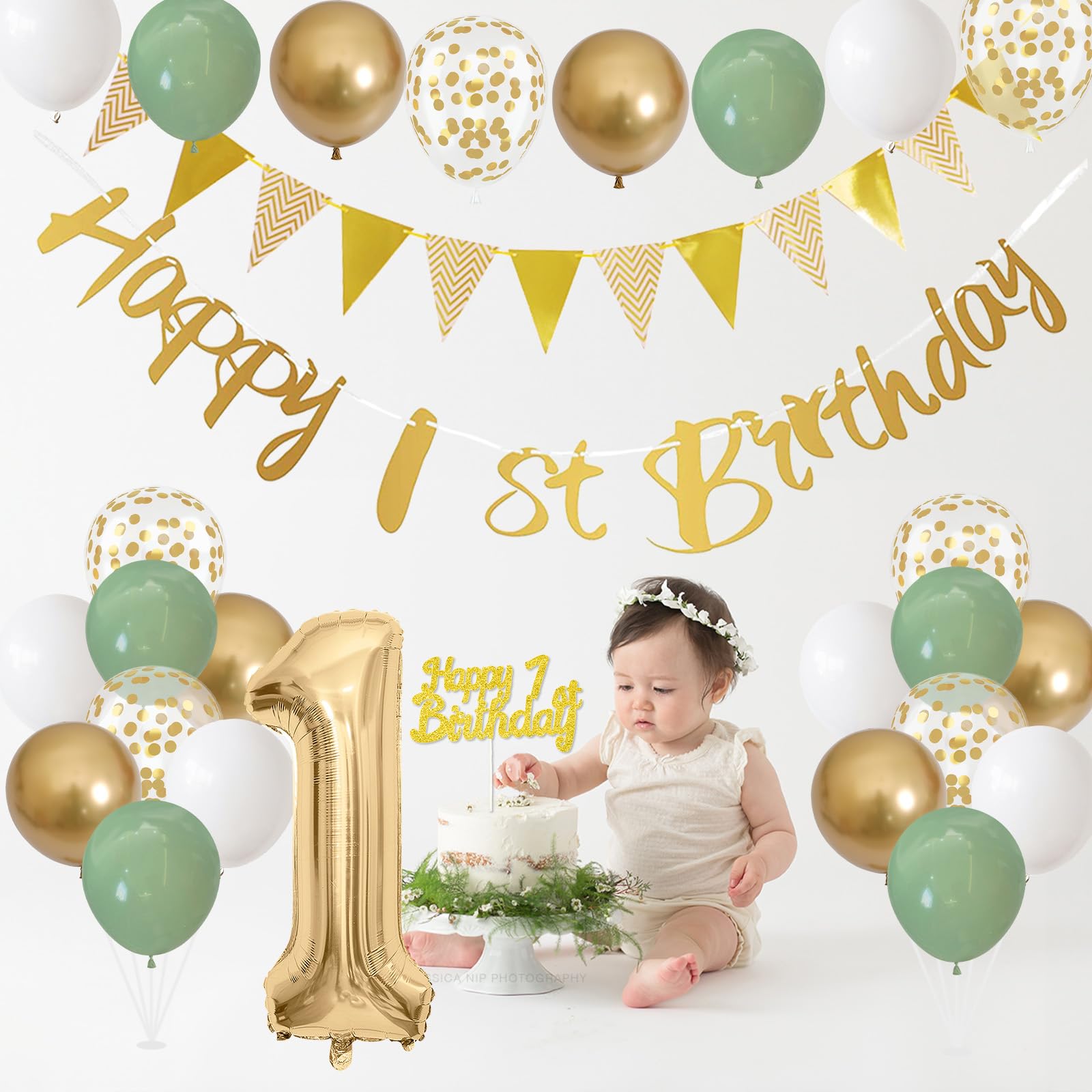 1st Birthday Decorations for Boys Girls, Sage Green White Gold Birthday Balloons with Happy 1st