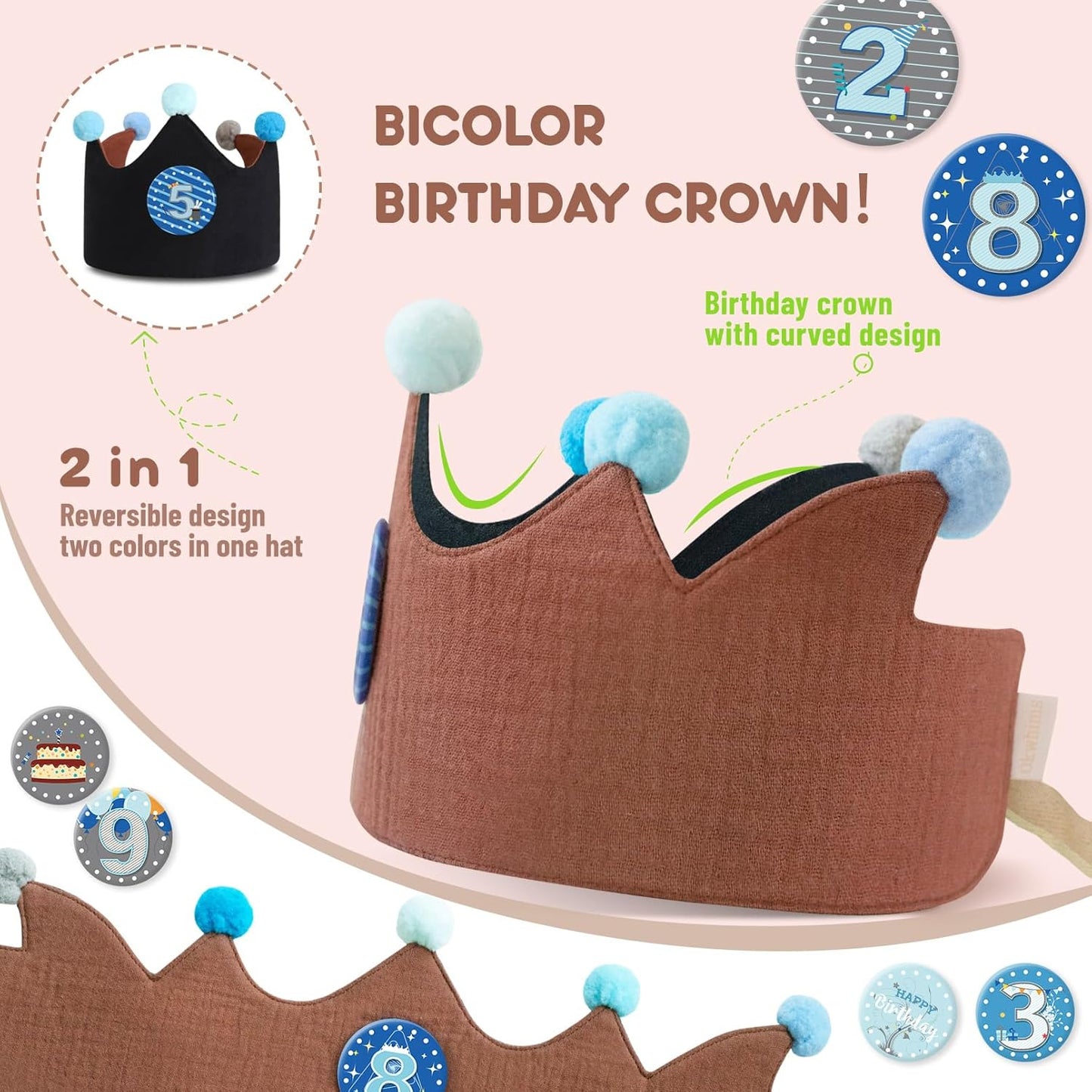Reusable Birthday Crown with Numbers,Kids Birthday Hat Fabric Crown Pertain Kids Boy Toddler Girl Baby Bday Hats