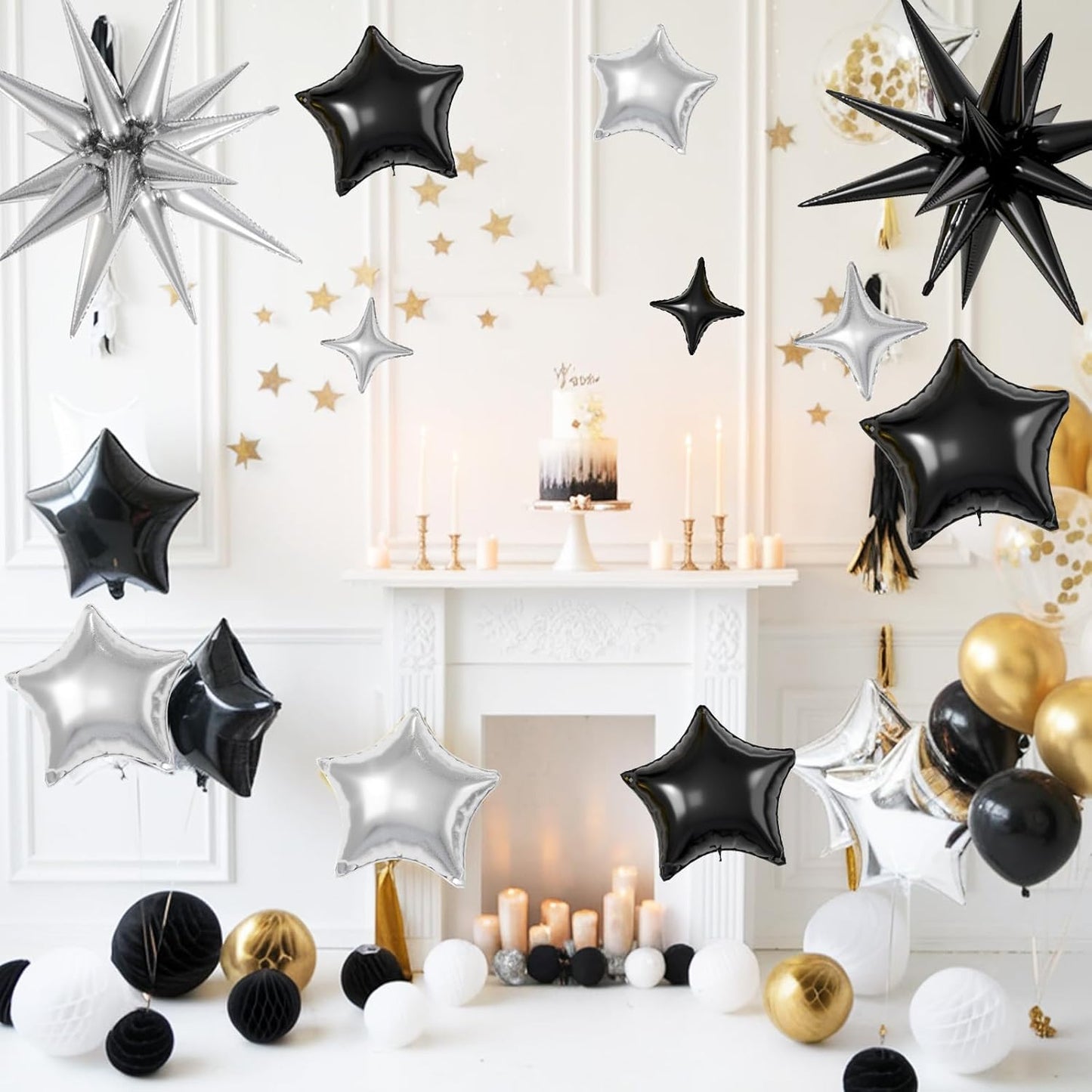 16 Pcs Black Silver Star Balloons,22/18/10 Inch Foil Balloons, Four-Pointed Balloon for Birthday Graduation Anniversary Wedding Baby Shower Party Decorations