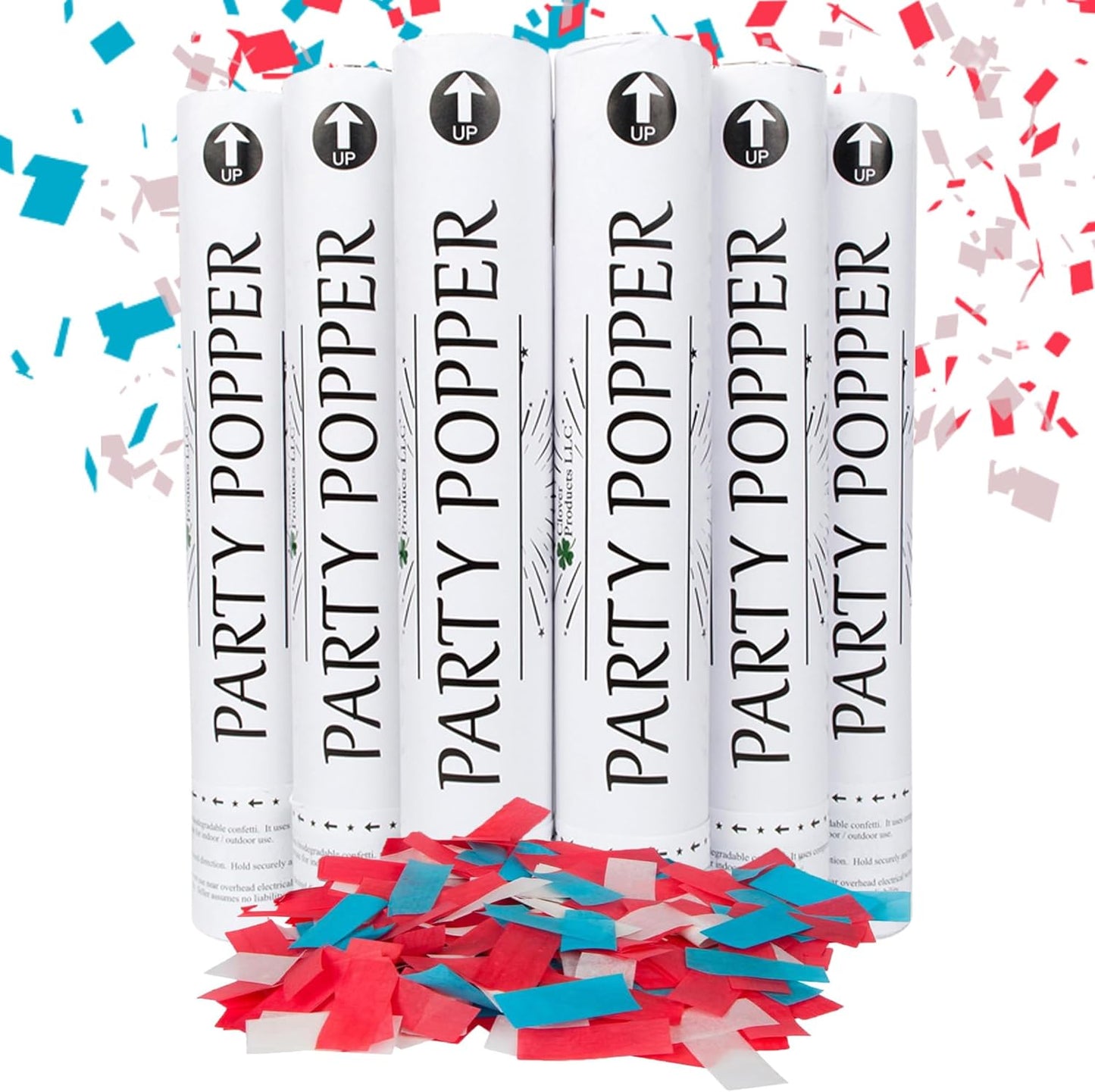 Clover Products Confetti Cannons 6-Pack – Biodegradable Red, White & Blue Party Poppers Launch 25 Feet Patriotic Celebration Supplies for 4th of July, Labor day, Parades, and other Events