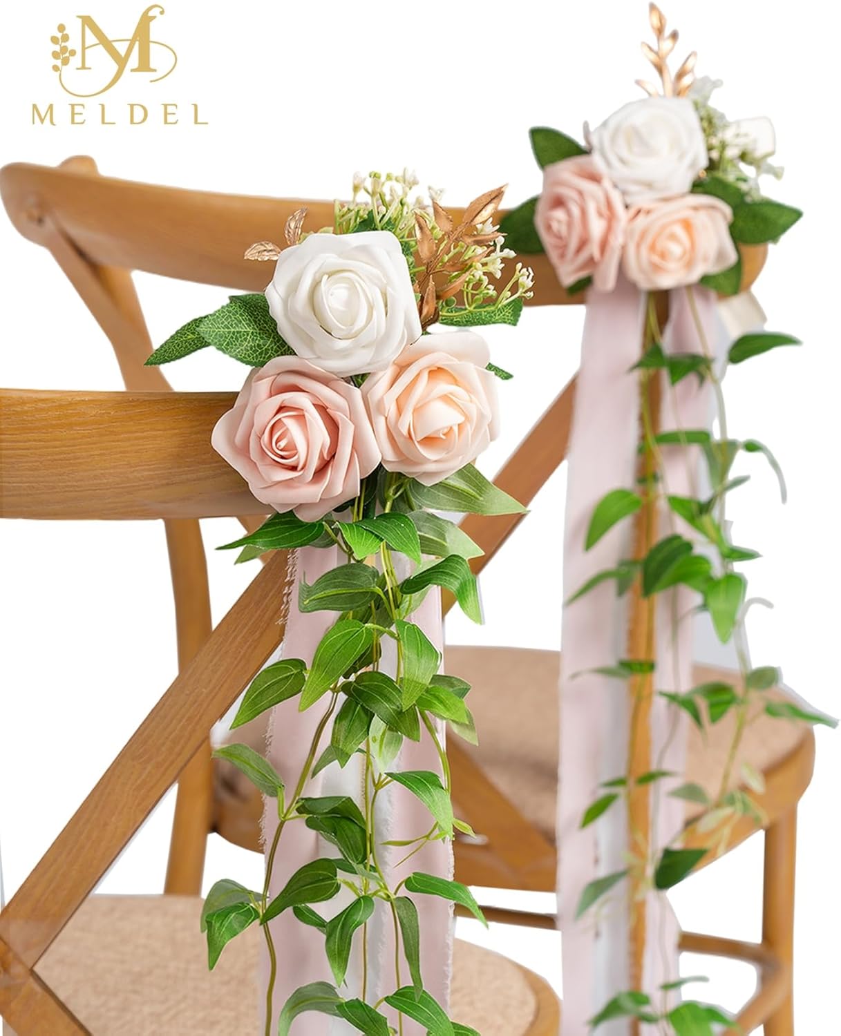 Meldel Wedding Chair Decorations Set of 10 Aisle Artificial Flowers White Pink Rose Garland with Hanging Ribbons for Ceremony Reception Church Pew Arrangement Party Wedding Aisle Decor