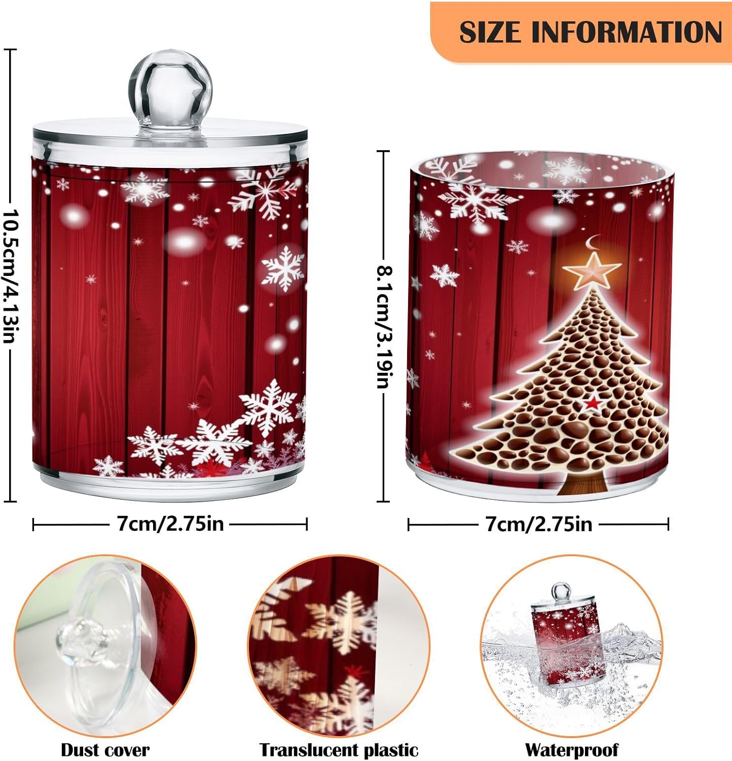 Gredecor Christmas Winter Qtip Holder Dispenser 2 Pack Christmas Tree Red Snowflakes Bathroom Decorative Storage Canister Holder Counter Vanity Organizer for Cotton Ball Swabs Pads Floss