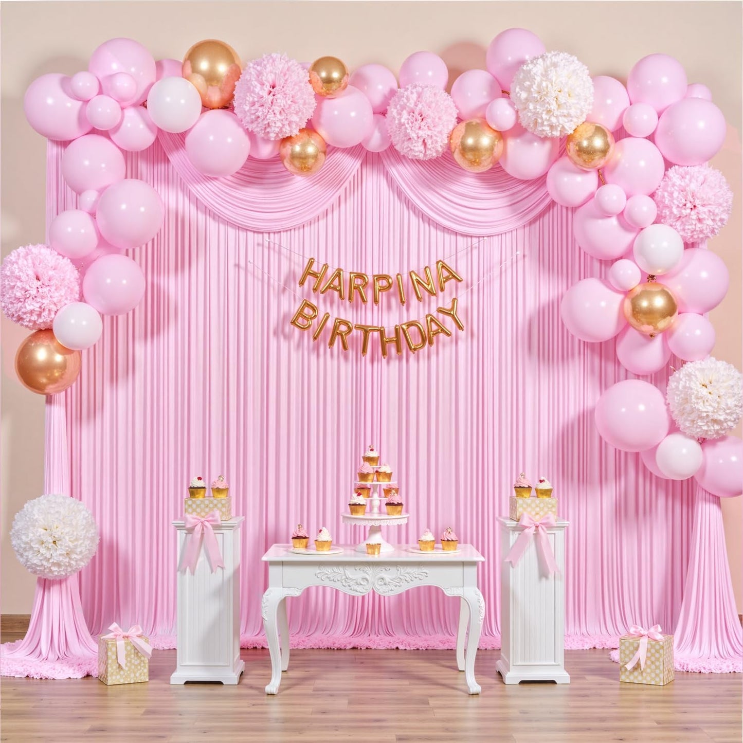 40 ft x 10 ft Wrinkle Free Baby Pink Backdrop Curtain for Parties, 8 Panels 5ftx10ft Polyester Photo Backdrop Drapes for Baby Shower Birthday Party Photography Wedding Backdrop Stand
