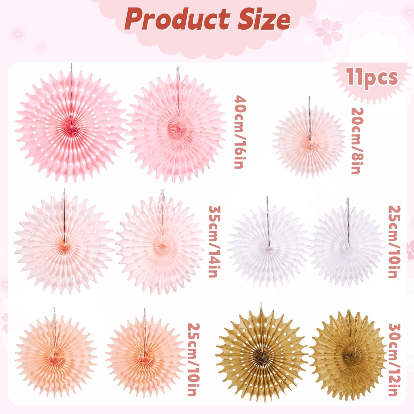 SUNBEAUTY 11Pcs Soft Pink Paper Fans Party Decorations for Wall, Reusable Large Spring Summer