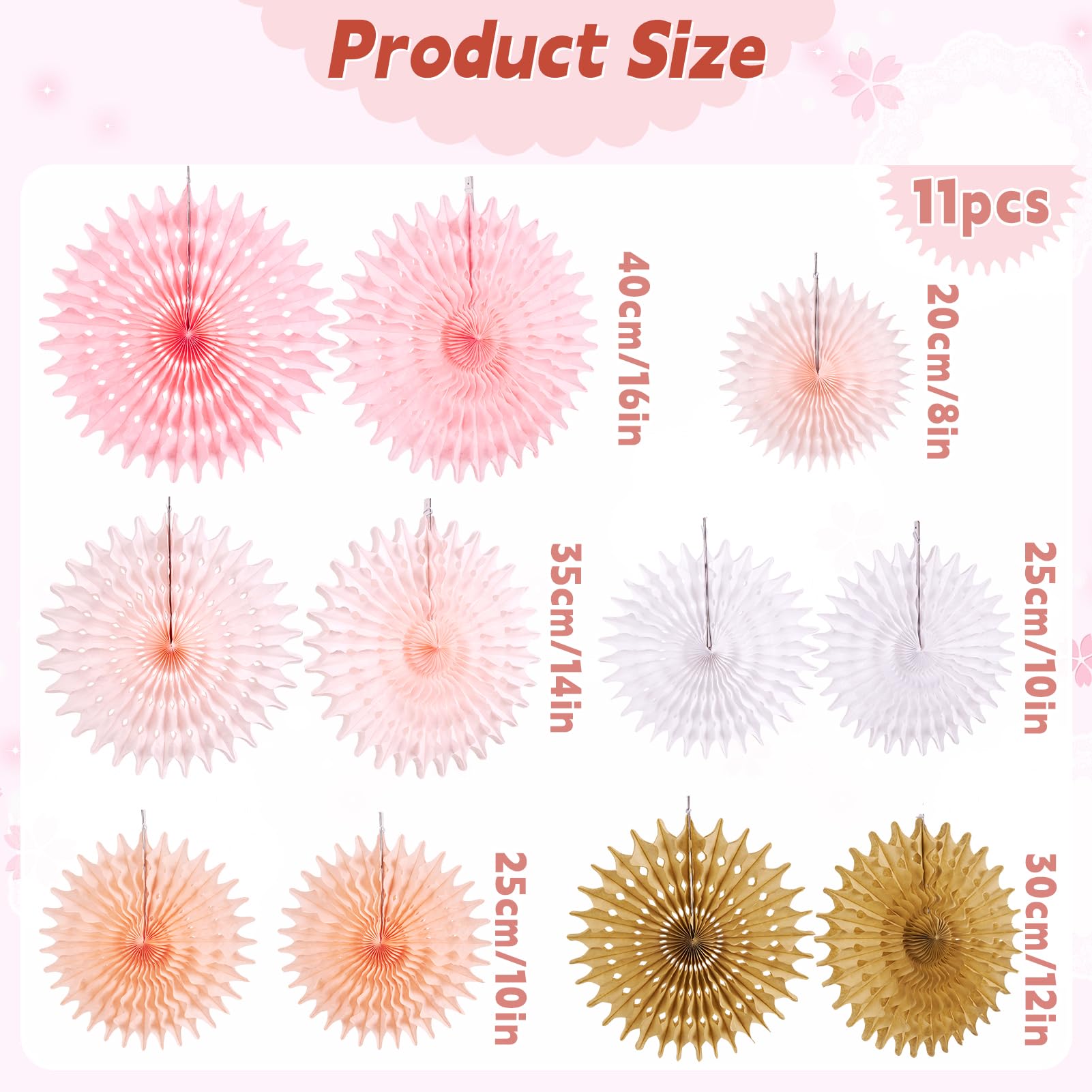 SUNBEAUTY 11Pcs Soft Pink Paper Fans Party Decorations for Wall, Reusable Large Spring Summer