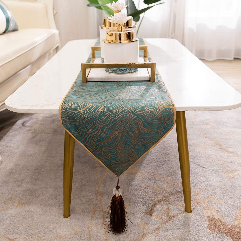Avigers 12 x 78 Inch Decorative Luxury Abstract Striped Green Teal Table Runners with Tassels for Home Living Room Bedroom Art Decor Wedding