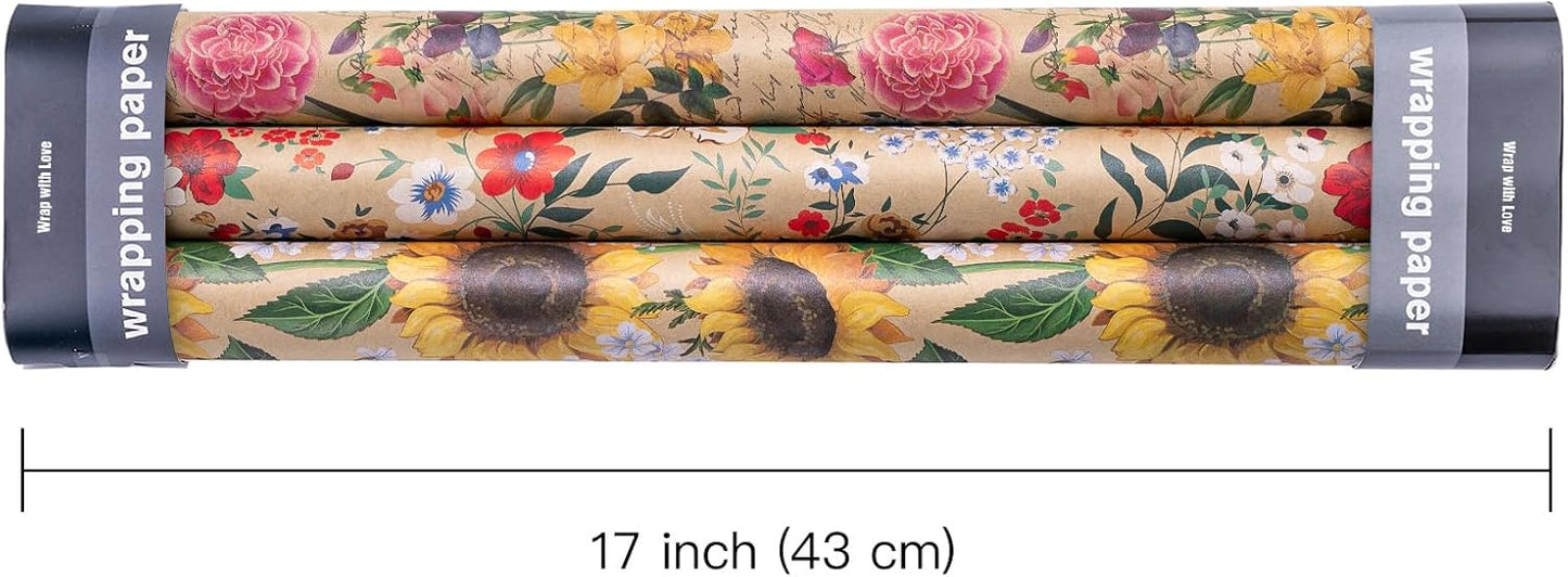 WRAPAHOLIC Kraft Floral Wrapping Paper - Mini Roll - 3 Rolls - 17 Inch x 120 Inch - All Occasion Vintage Flower and Sunflorwer Design for Wedding Bridal Shower Birthday