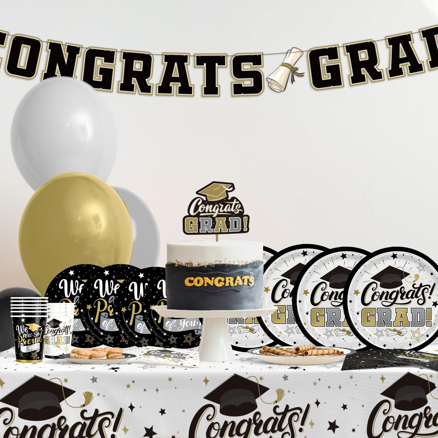 Graduation Decorations 2026 Black and Gold Grad Party Supplies with Disposable Plates, Napkins