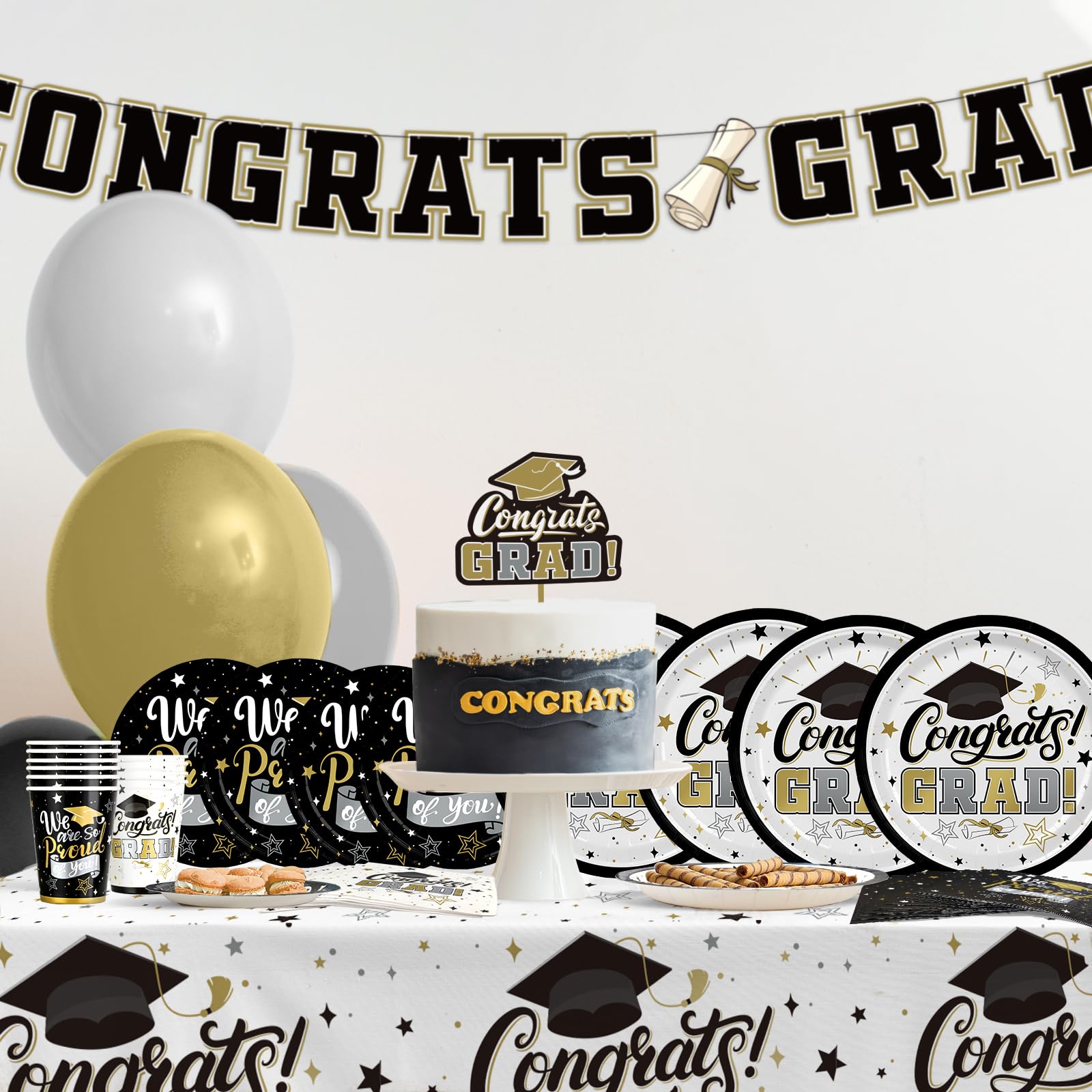 Graduation Decorations 2026 Black and Gold Grad Party Supplies with Disposable Plates, Napkins