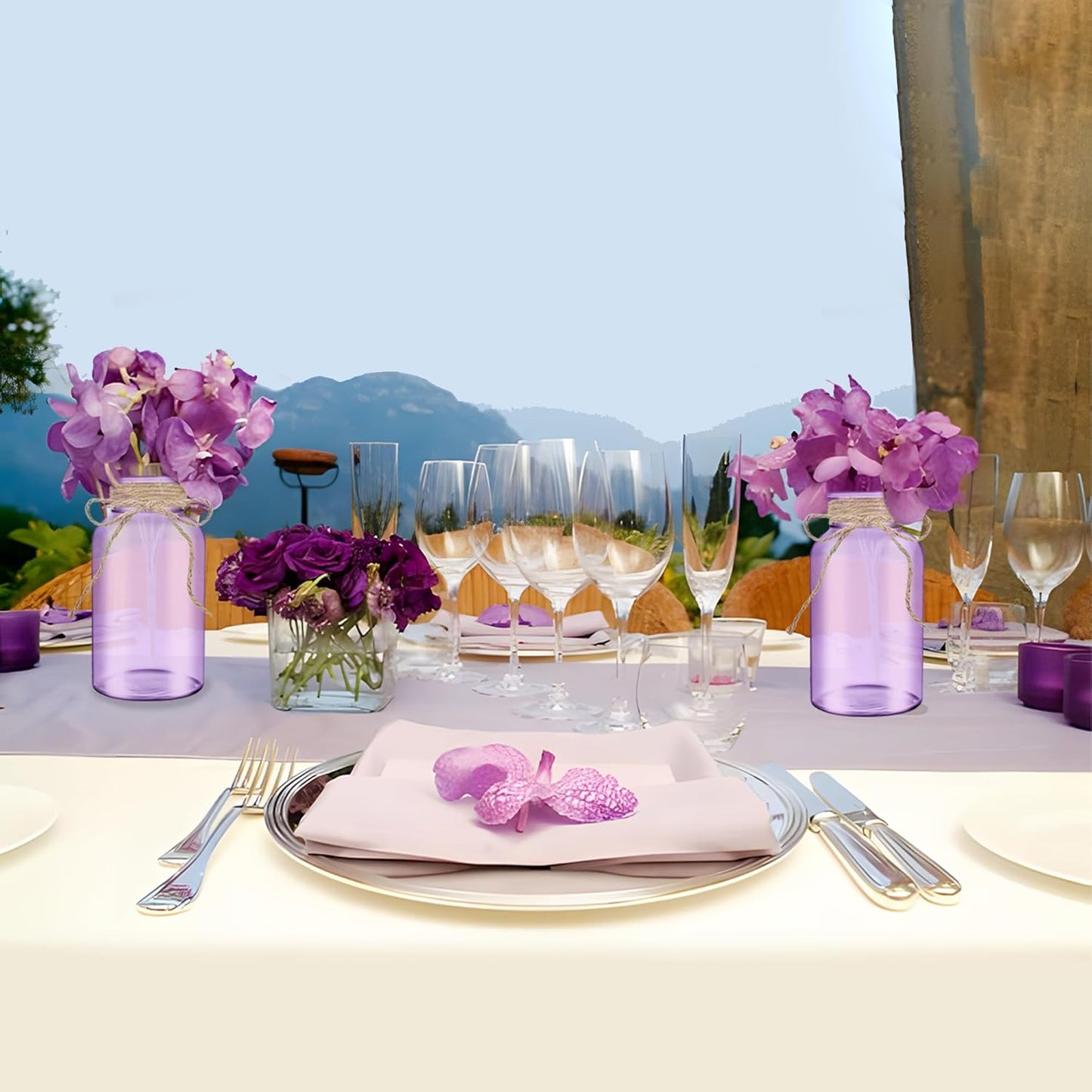 Vintage Glass Flower Vase，6 Pack Farmhouse Purple Glass Centerpiece Vases Mason Jars for Weddings, Parties & Home Decor Bulk (6, Purple)