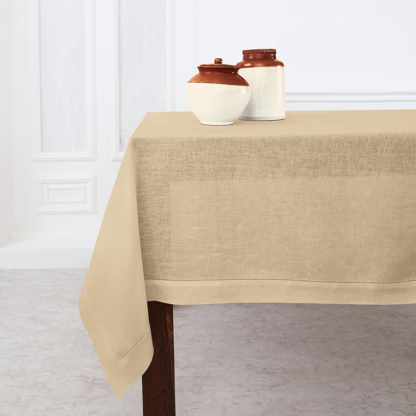 Solino Home Linen Beige Tablecloth 60 x 90 Inch - Classic Hemstitch, 100% Pure Linen Rectangular Tablecloth - Machine Washable Table Cloth for Fall, Autumn, Thanksgiving, Christmas
