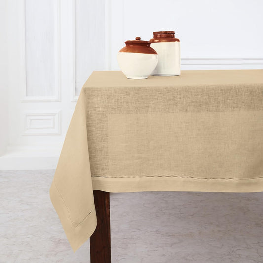 Solino Home Linen Square Tablecloth 52 x 52 Inch - 100% Pure Linen Beige Table Throw - Classic Hemstitch, Machine Washable Table Cloth for Fall, Autumn, Thanksgiving