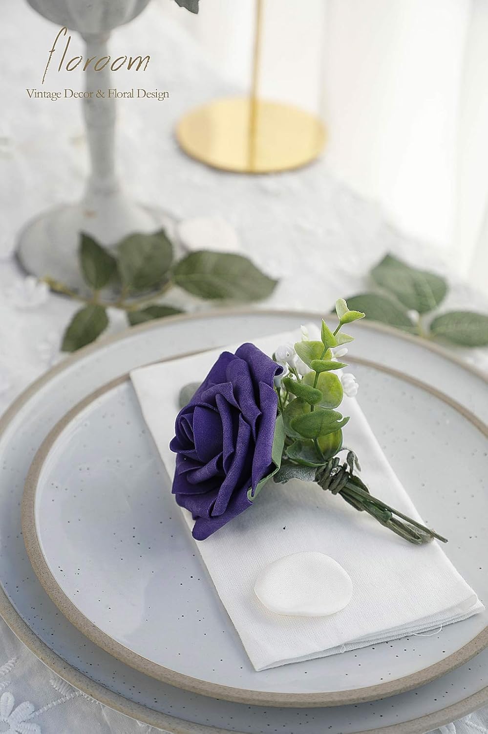 Floroom Artificial Flowers 25pcs Real Looking Violet Purple Foam Fake Roses with Stems for DIY Wedding Bouquets Bridal Shower Centerpieces Floral Arrangements Party Tables Home Decorations