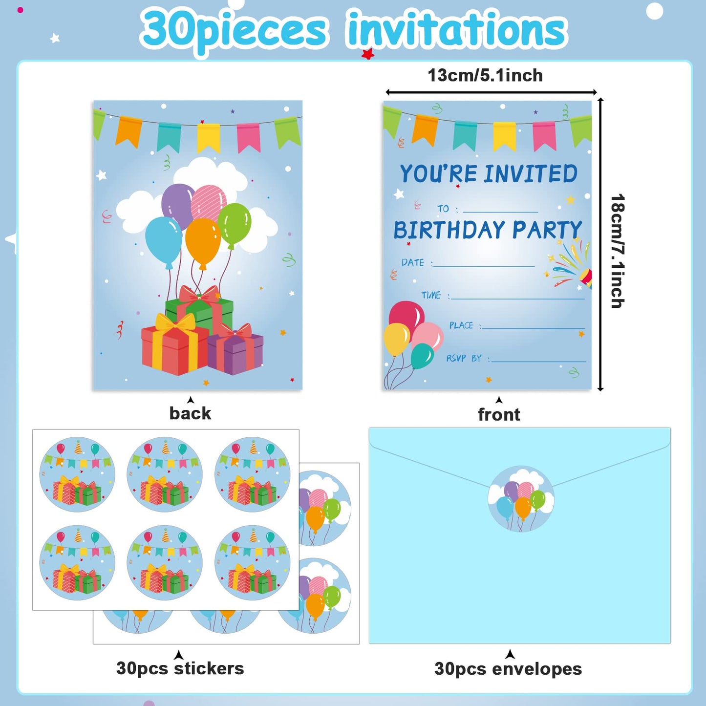 30 Pack Birthday Party Invitations Set Boys Girls Kids Invite Cards with Envelopes Printed Birthday