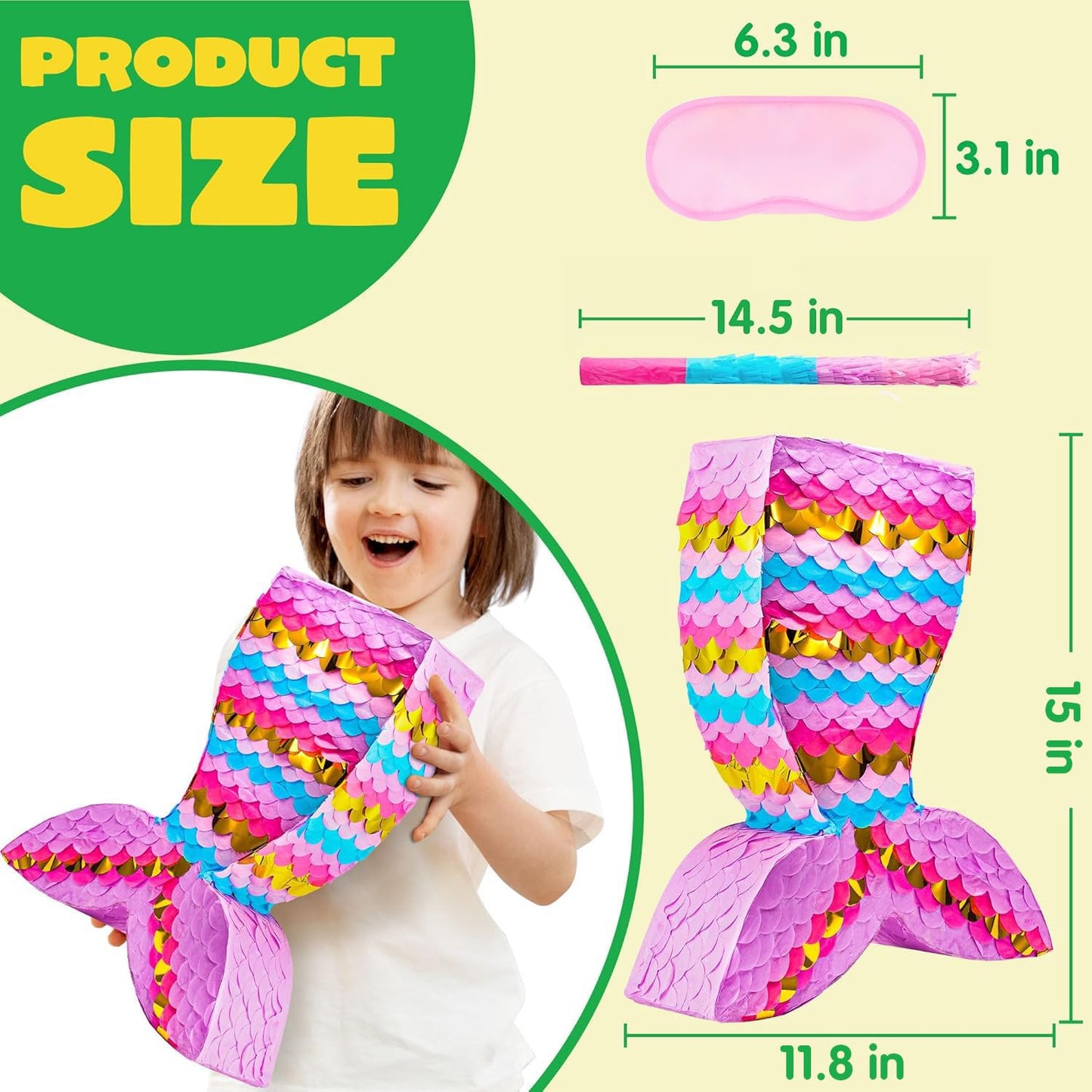 Mermaid Tail Pinata with Plastic Bat and Paper Blindfold for Fun Fiesta Taco Party Supplies, Photo