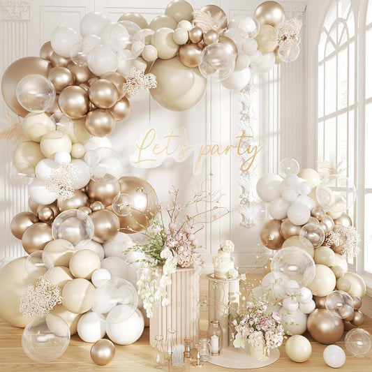 White Sand Metallic Champagne Gold Balloons Garland Arch Kit,152PCS White Nude Balloons with Clear Balloons for Birthday Boho Wedding Baby Shower Bridal Shower Engagement Anniversary Decorations