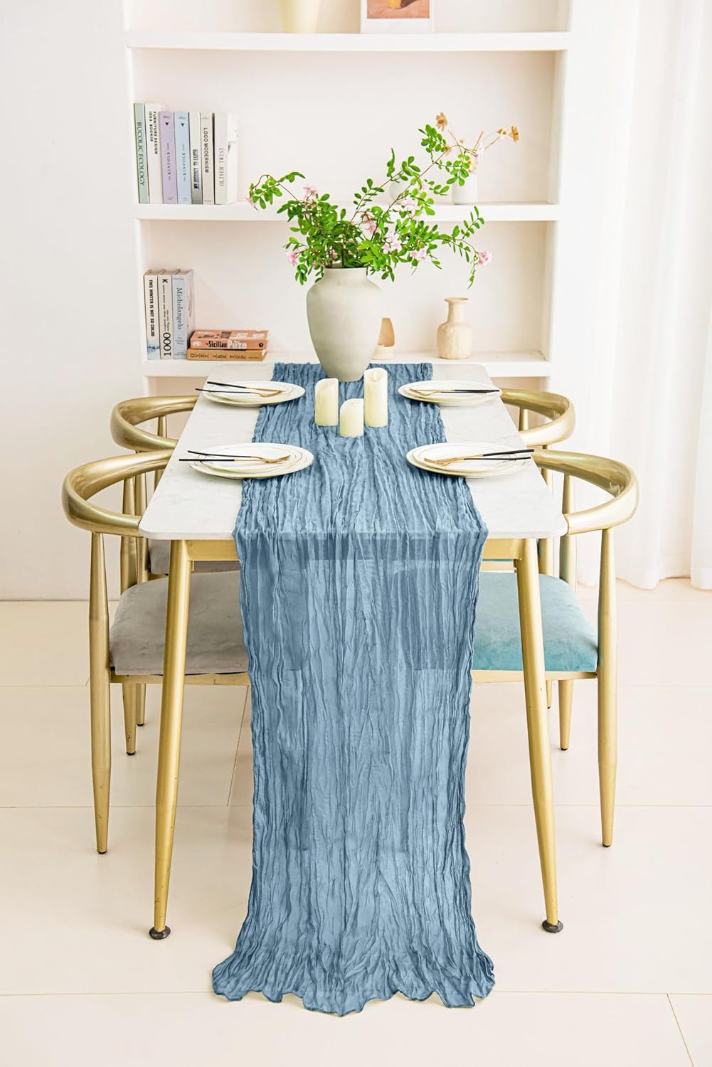 8 Pack 10Ft Dusty Blue Cheesecloth Table Runner 35x120 inch Boho Gauze Cheese Cloths Table Runners Long Wrinkled Sheer Romantic Table Runner for Wedding Bridal Shower Birthday Party Table Decor