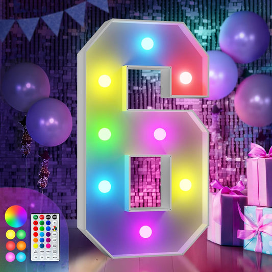 imprsv 3FT Colorful Marquee Numbers,18 Colors Number 6 with Remote, Light Up Numbers Sign for 3rd Birthday Decorations Anniversary Party Decor, Pre-Cut Foam Board Kit, Mosaic Sign for Balloon