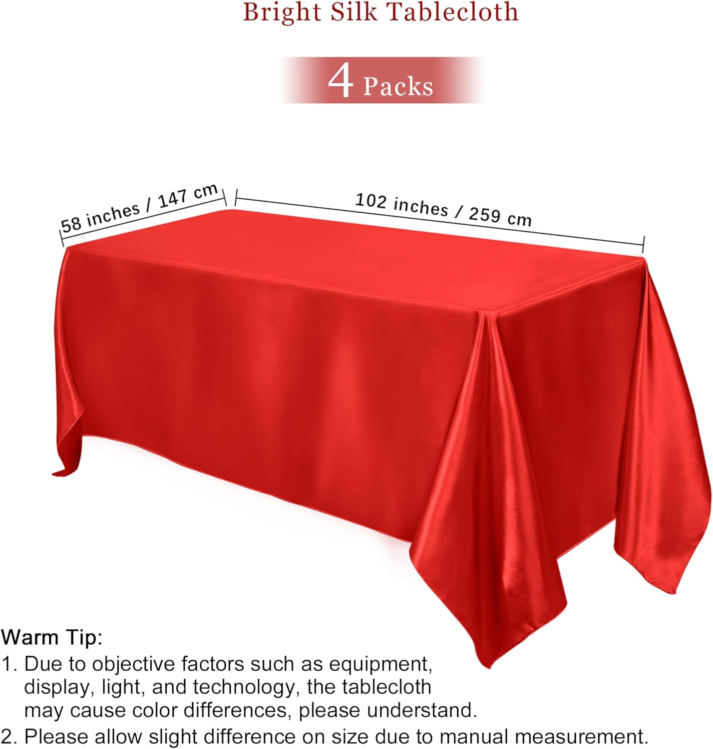 TURSTIN 4 Packs Satin Tablecloth 102 x 58 Inch Overlay Satin Table Cover Rectangle Bright Silk Tablecloth Smooth Fabric Table Decoration for Wedding Banquet Party Events, Red