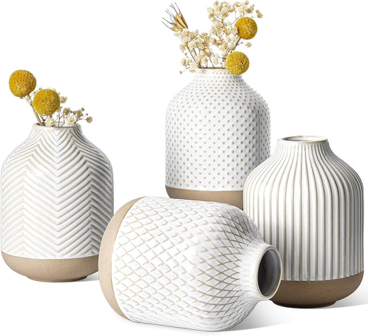 Small Boho Vase for Decor, Rustic Farmhouse Vase for Pampas Grass,Ceramic Flower Vases for Centerpieces, 5.3 Inch,Set of 4,Arctic White