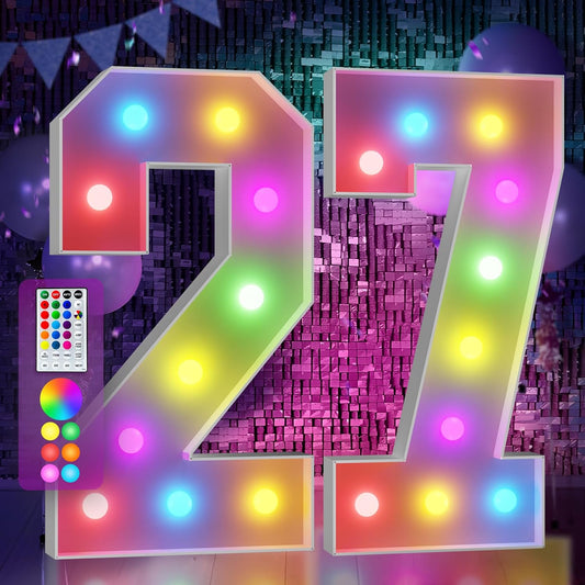 Marquee Numbers 27th-Birthday Decoration: Colorful 4FT Large Light Up 27 Year Old Birthday Decorations Anniversary Backdrop for Boys Girls Cardboard Sign 18 Colors Number 27 Mosaic Balloon Frame