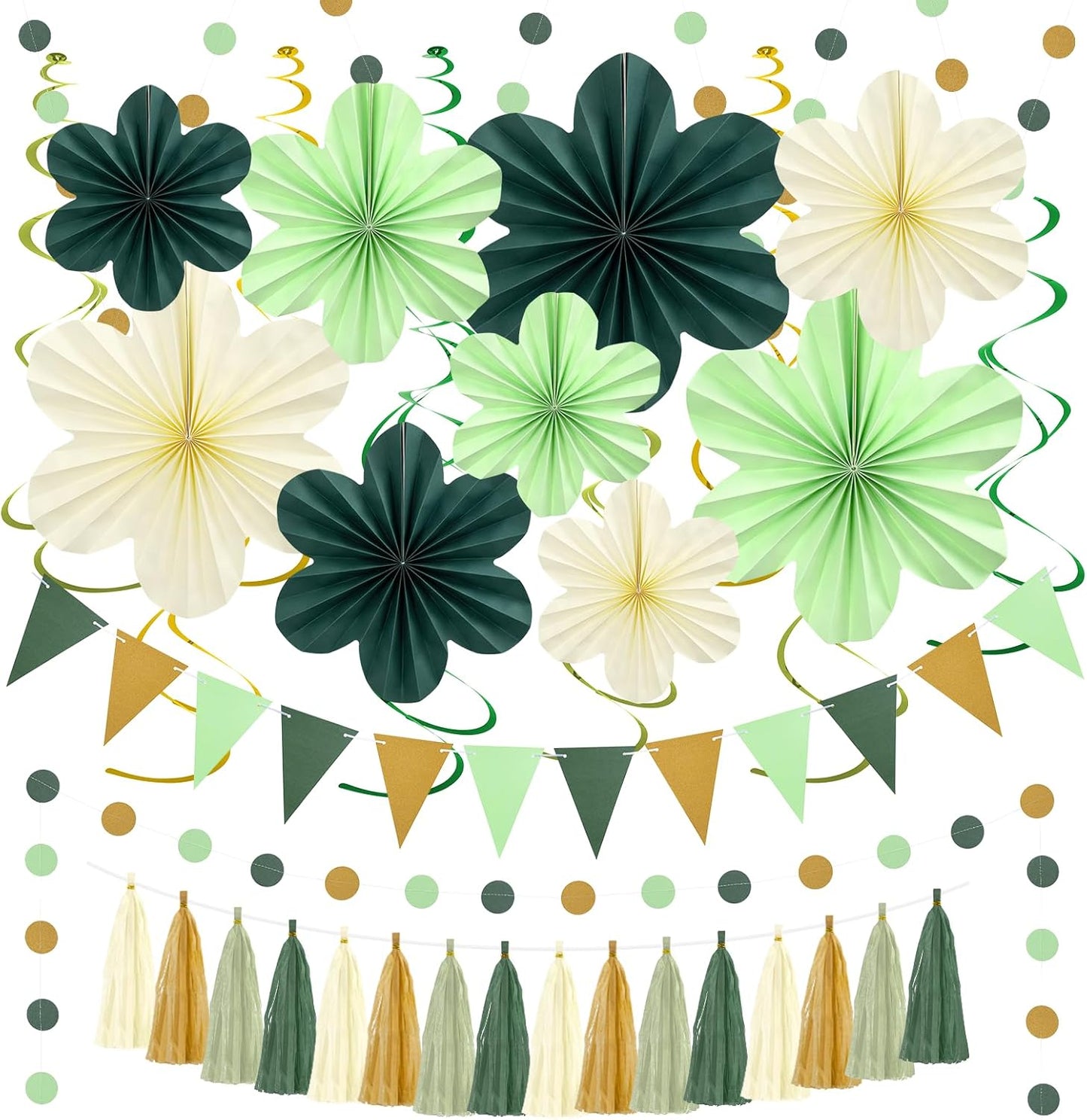 Sage Green Birthday Decoration, Plant Birthday Decorations with Hanging Paper Flowers, Tassel Garland and Swirls, Sage Green Party Decoration for Women Girls, Classroom Party Decor