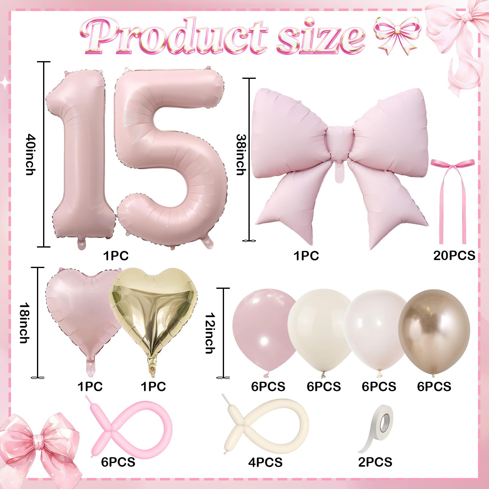 Jobkoo 15th Birthday Decorations Girls, Pink Gold 40 Inch Number 15 Balloon