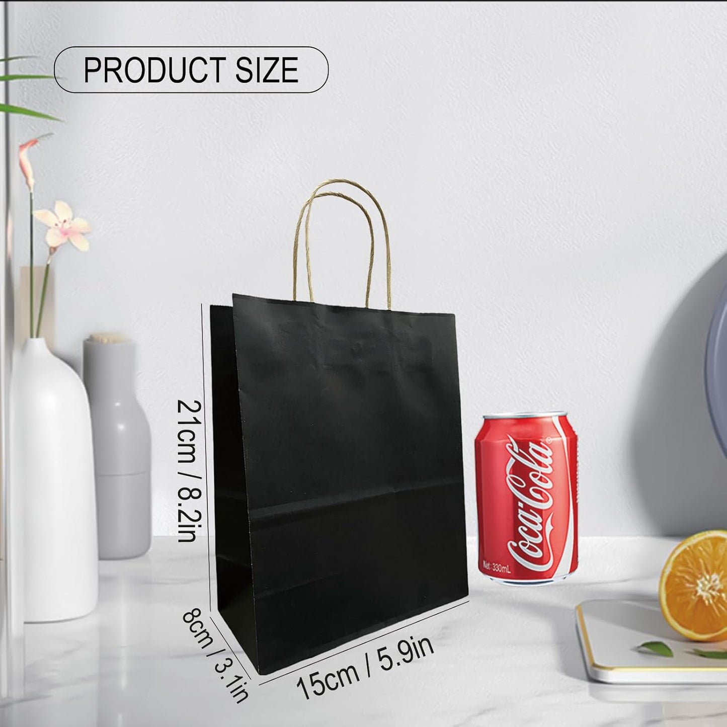 BAG BOX 50 Pack Small 5.9x3.1x8.25 Inch Black Kraft Paper Gift Bags with Handles for Bulk Shopping, Retail, Craft, Party Favors, Wedding, Grocery & Sacks