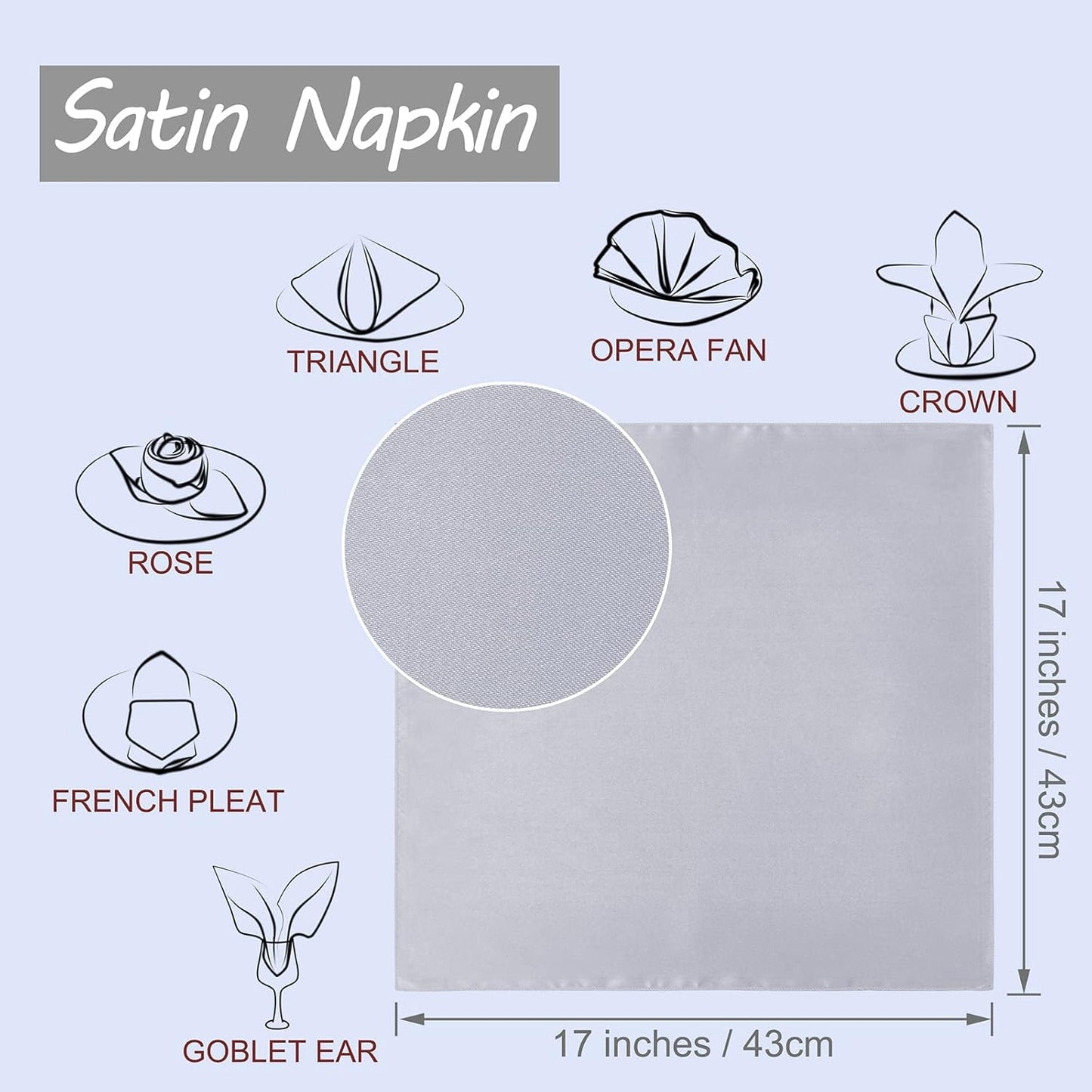 Horbaunal 30 Pack Silver Satin Napkins 17 x 17 Inch, Square Soft Table Dinner Napkins, Silky Cloth Napkins Table Decoration for Weddings Banquets Parties