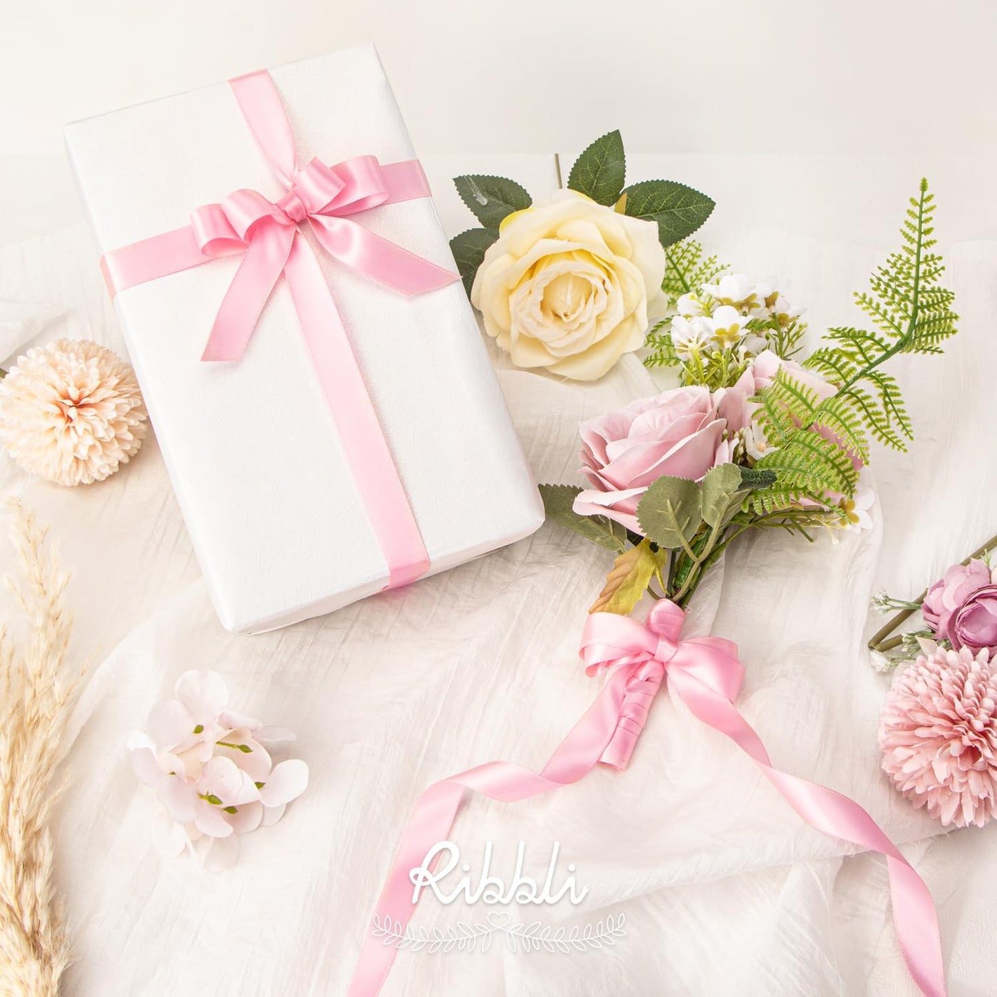 Ribbli Pink Satin Ribbon 5/8 inch x Continuous 25 Yards,Double Faced Satin Use for Craft, Gift Wrapping, Christmas Ornaments, Hair Bows, Bouquet Bows