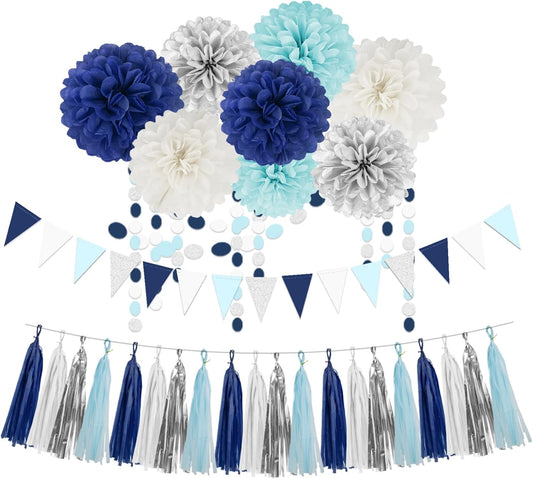 Teal Silver White Navy-Blue Party-Decorations - 30pcs Tissue Paper Flowers Pom Poms Tassel Garland Pennant Banner Flag Streamers Birthday Decorations Boy Men Christmas Baby Shower Winter Hanging Decor