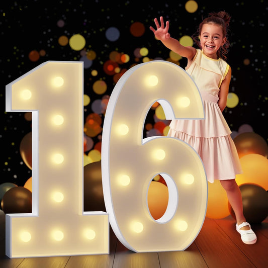 Marquee Numbers 3 Feet Tall Large Light Up Numbers 16th Sweet 16 Birthday Decorations Girl Boy Big Yellow Light Outdoor Anniversary Decorations Balloon Arch Kit Party Backdrop 16