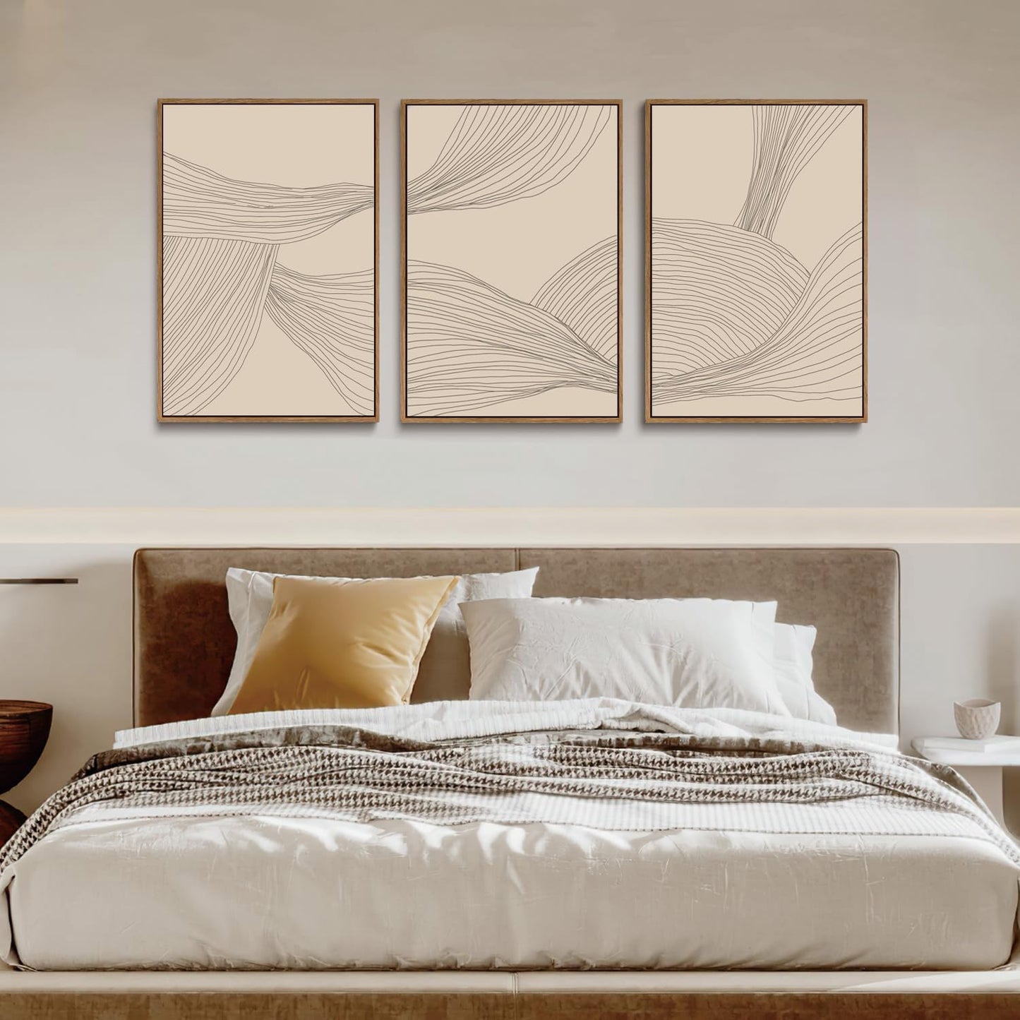 myusuar 3 Piece Large Modern Abstract Canvas Framed Wall Art For Living Room, Beige Minimalist Wall Art Decor Posters Prints For Bedroom Office, 16x24in