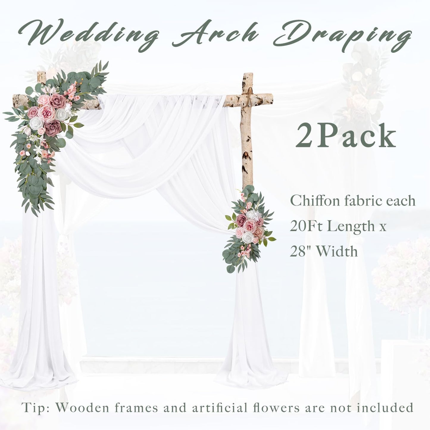 Wedding Arch Draping Fabric 2 Panels 20Ft Length x 28" Width White Arch Drapes Chiffon Fabric Sheer Curtains Backdrop for Party Bridal Decorations Wedding Ceremony Ceiling Stage Reception Decor