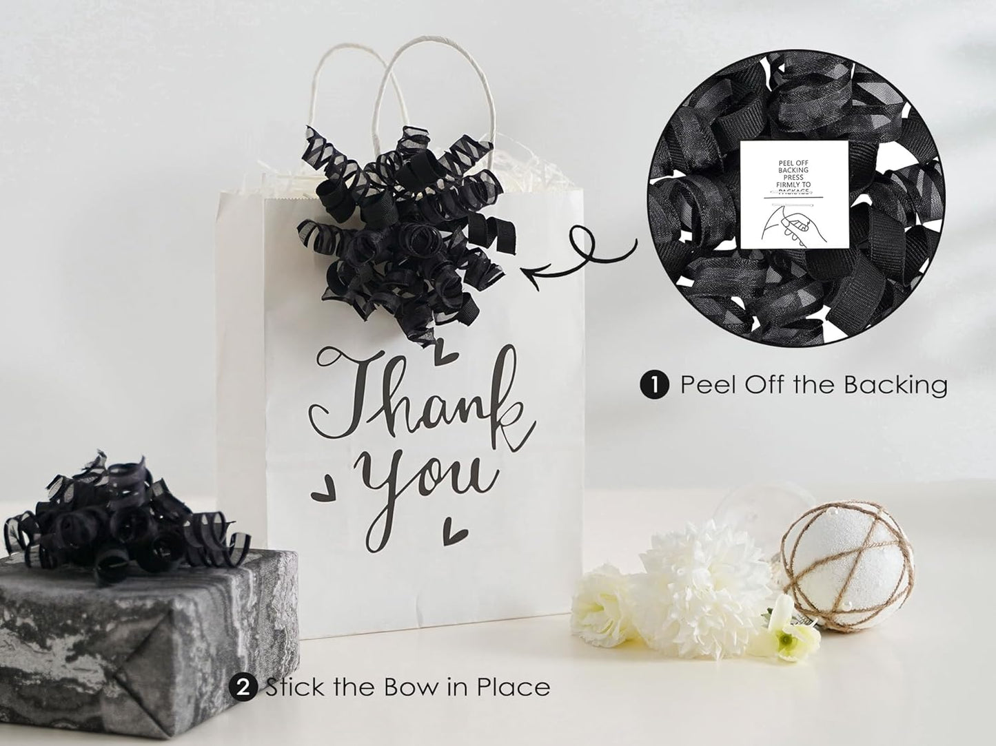 HUIHUANG Black Bows for Gift Wrapping Curly Gift Bow 5 inch x 8 Counts Self-Adhesive Ribbon Bows for Presents, Paper Bag, Party Favors, Wrapping Accessories, Holiday Wedding Decoration