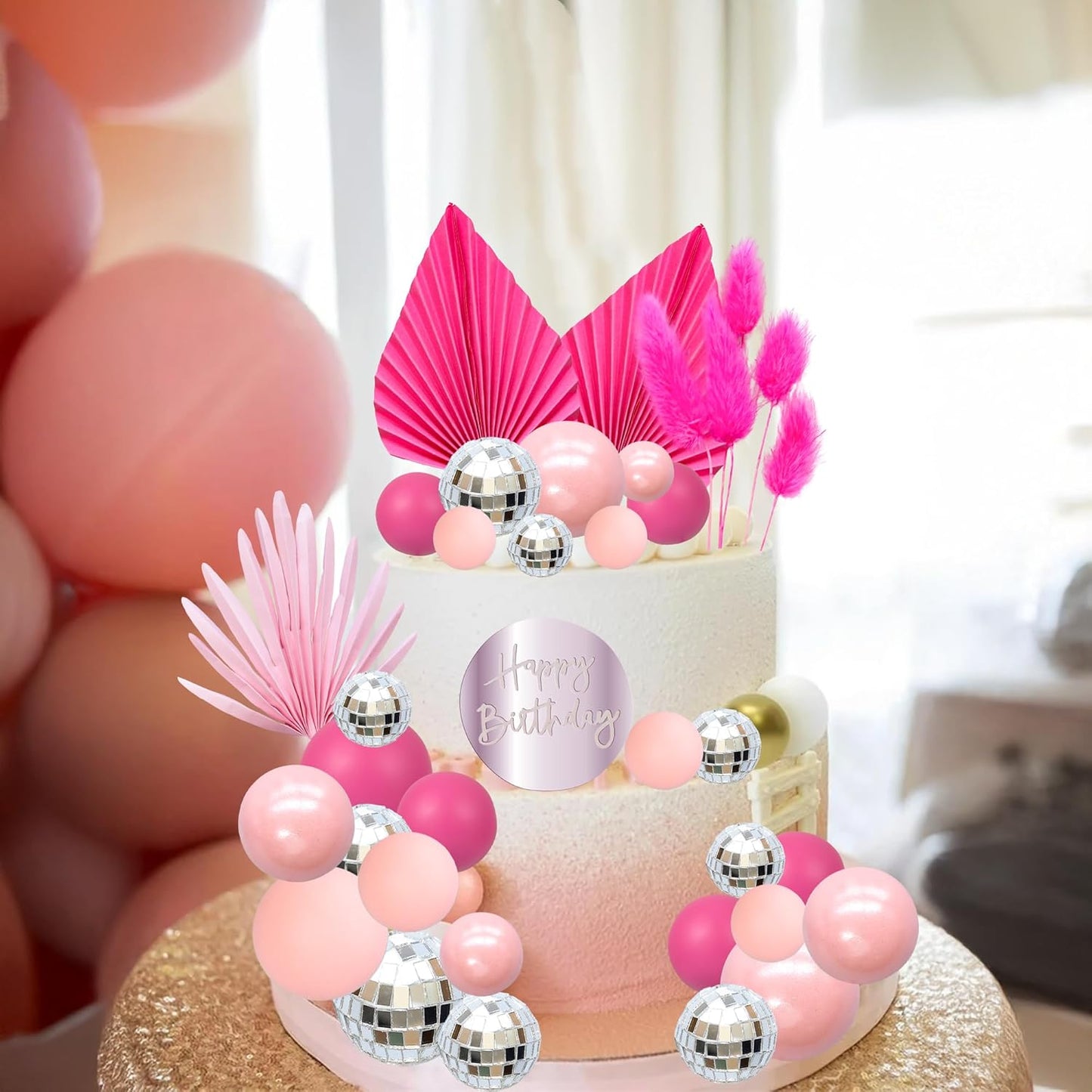 Ephlyn 33 Pack Balls Cake Toppers Boho Palm Leaves Cake Decorations Round Acrylic Happy Birthday Cupcake Toppers for Birthday Wedding Baby Shower Party Supplies Silver Rose Red