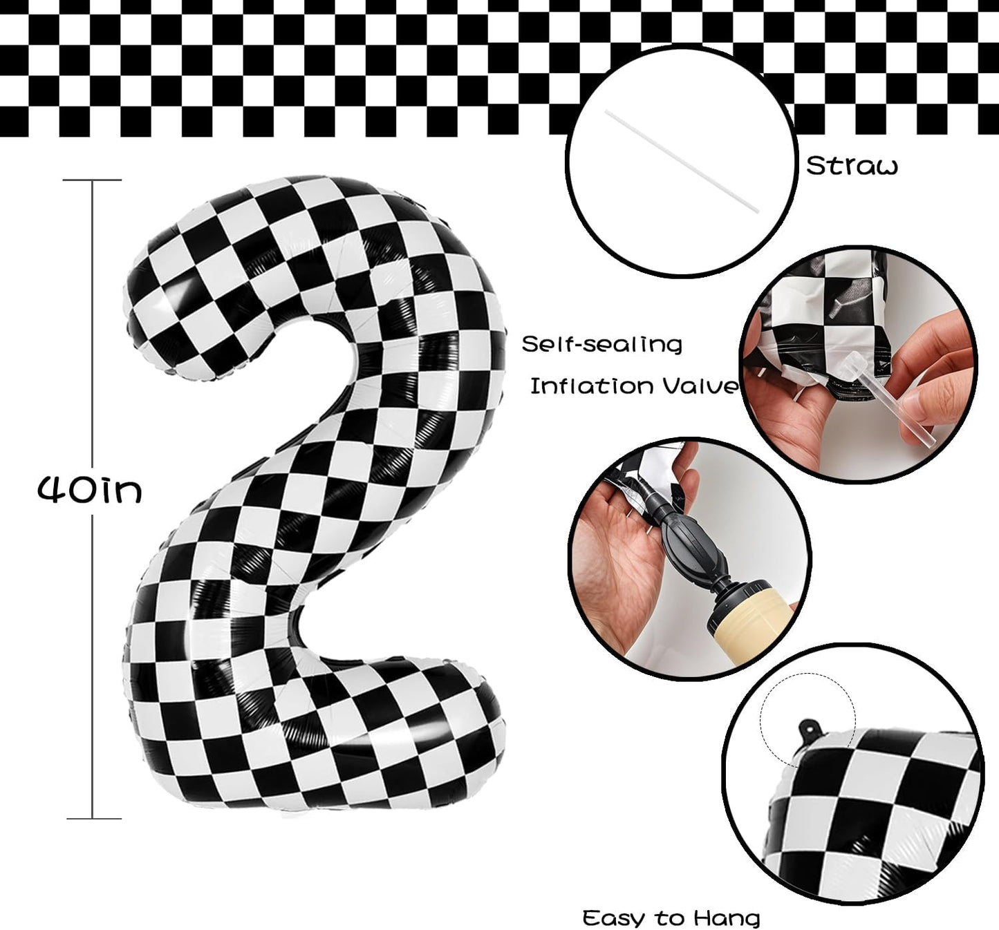 40 Inch Checkered Number Balloon - Race Flag Pattern Big Helium Balloon for Birthday Party Decorations - Black & White Balloon for Kids Adults Party Supplies (Racing Car, Number 2)