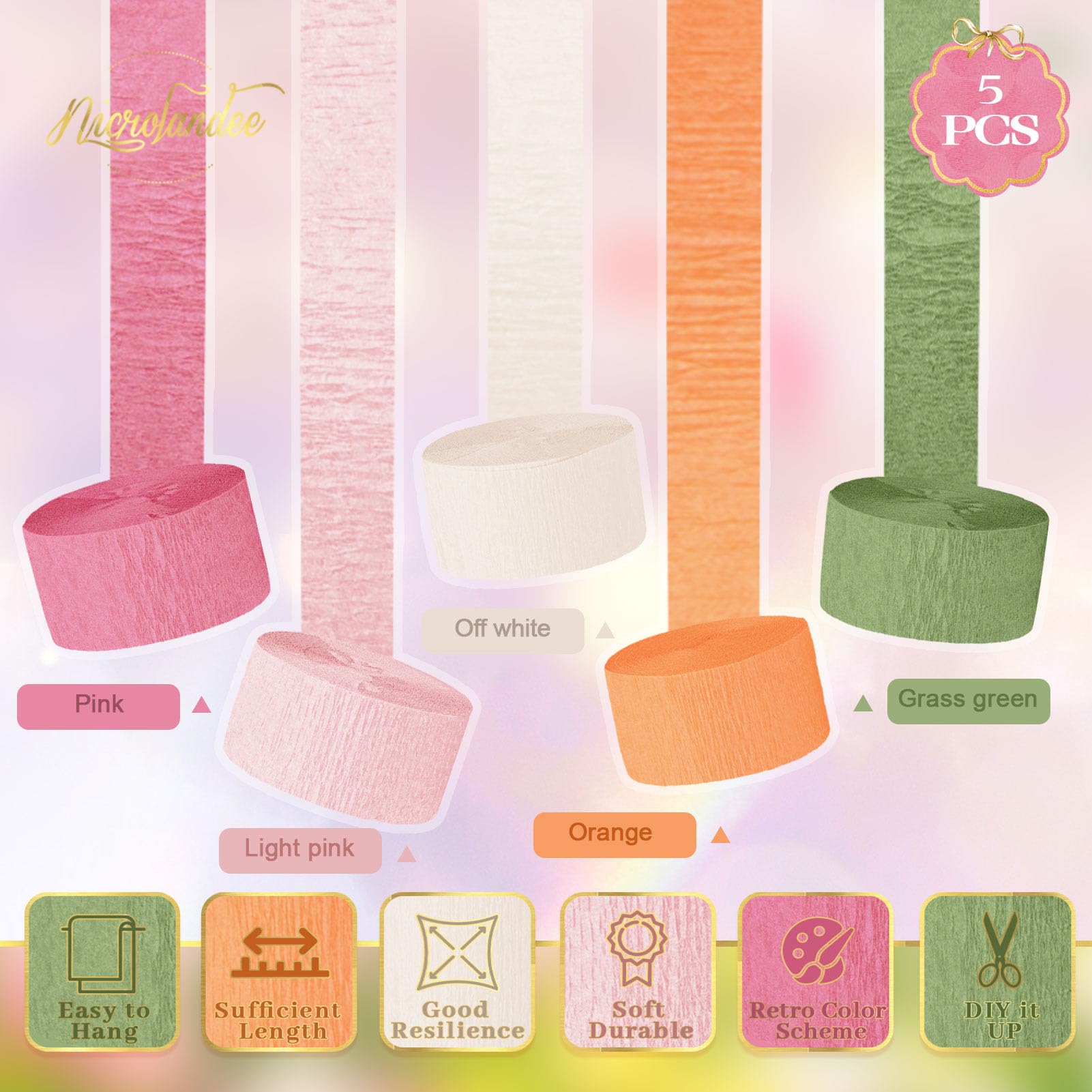 NICROLANDEE 5 Rolls Pastel Crepe Paper Streamers Backdrop Decorations
